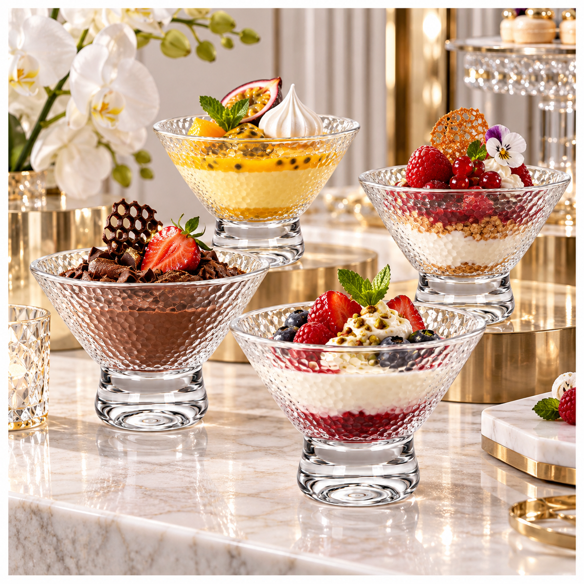 Elegant Glass Footed Dessert Bowls 180ml – Clear Textured Set of 4