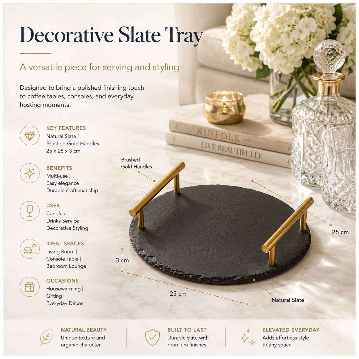 Midnight Slate Round Serving Tray With Metallic Gold Handles