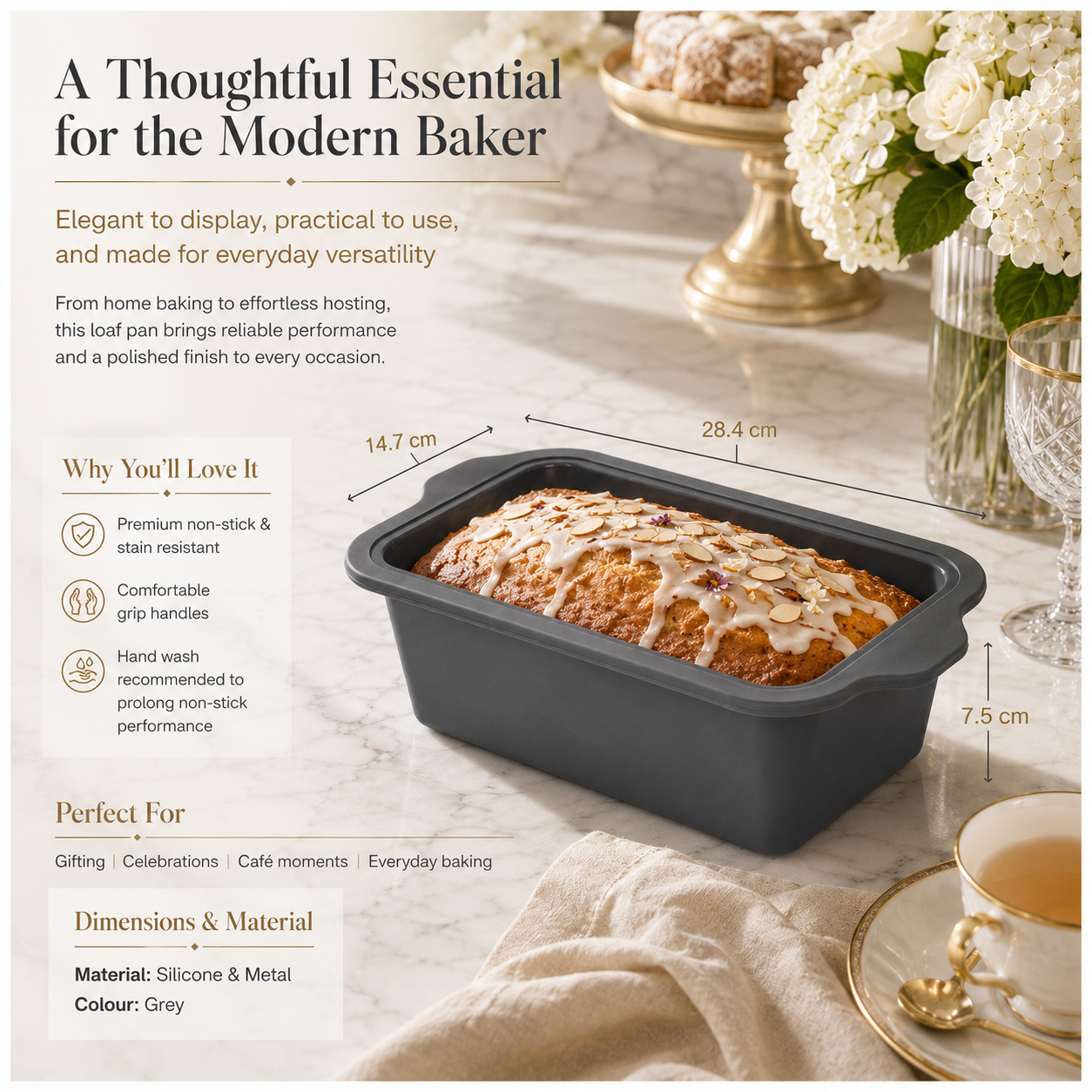 Essential Grey Reinforced Silicone Loaf Pan – BPA Free Baking Mould - 24cm