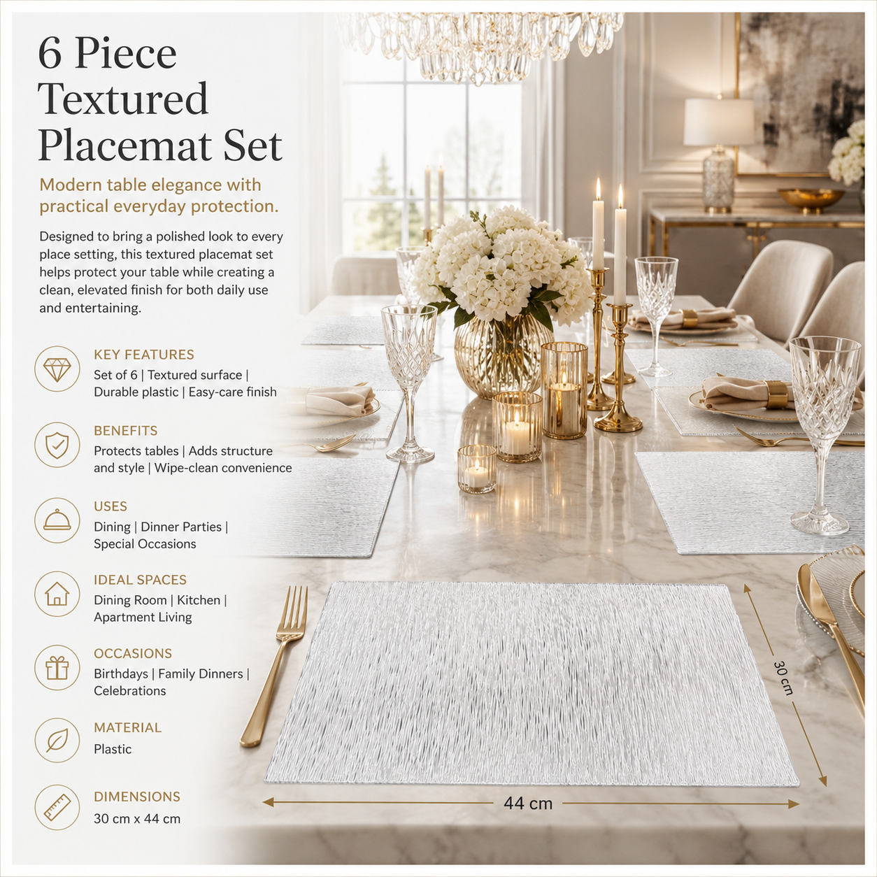 Elegant 6 Piece Textured Placemats – Clear And White 30 x 44 cm Table Mats