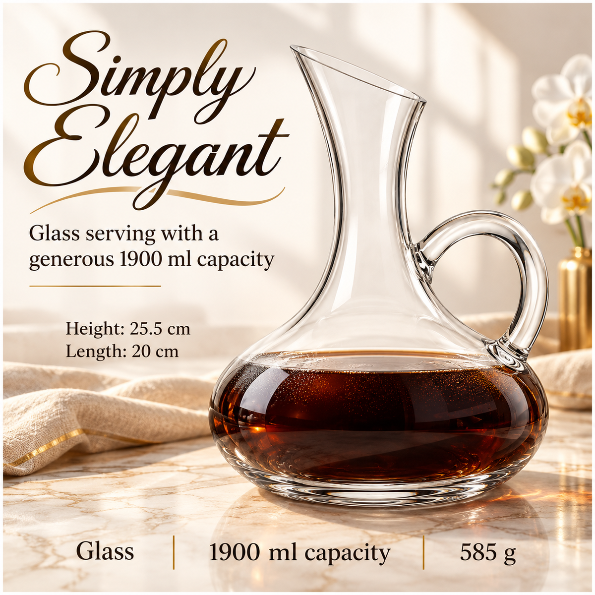 Clear Glass Decanter with Handle - 1900ml Elegant Table Serving Carafe