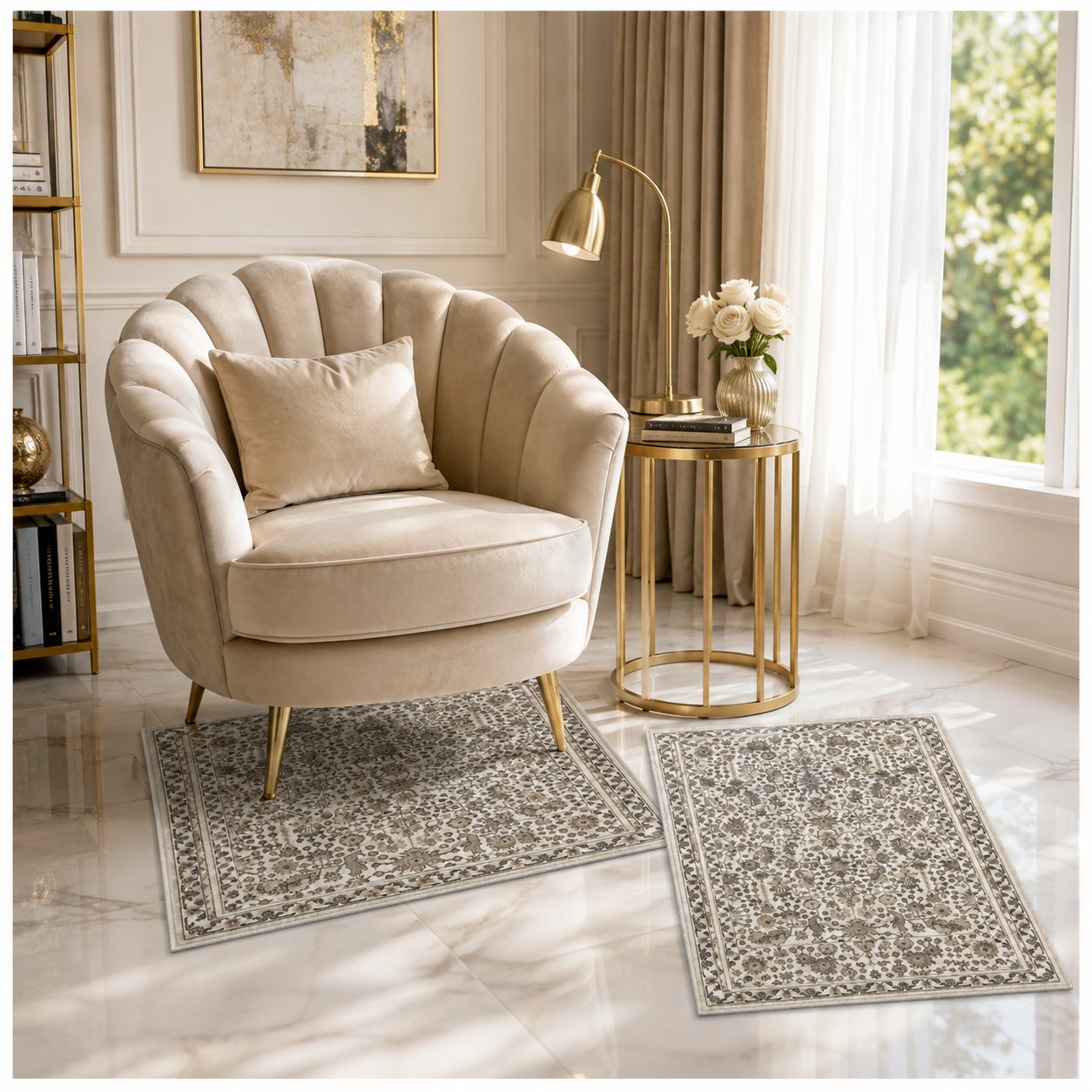 2-Piece Accent Persian Carpet Set–Charcoal Grey and Ivory-50x84cm-60x102 cm