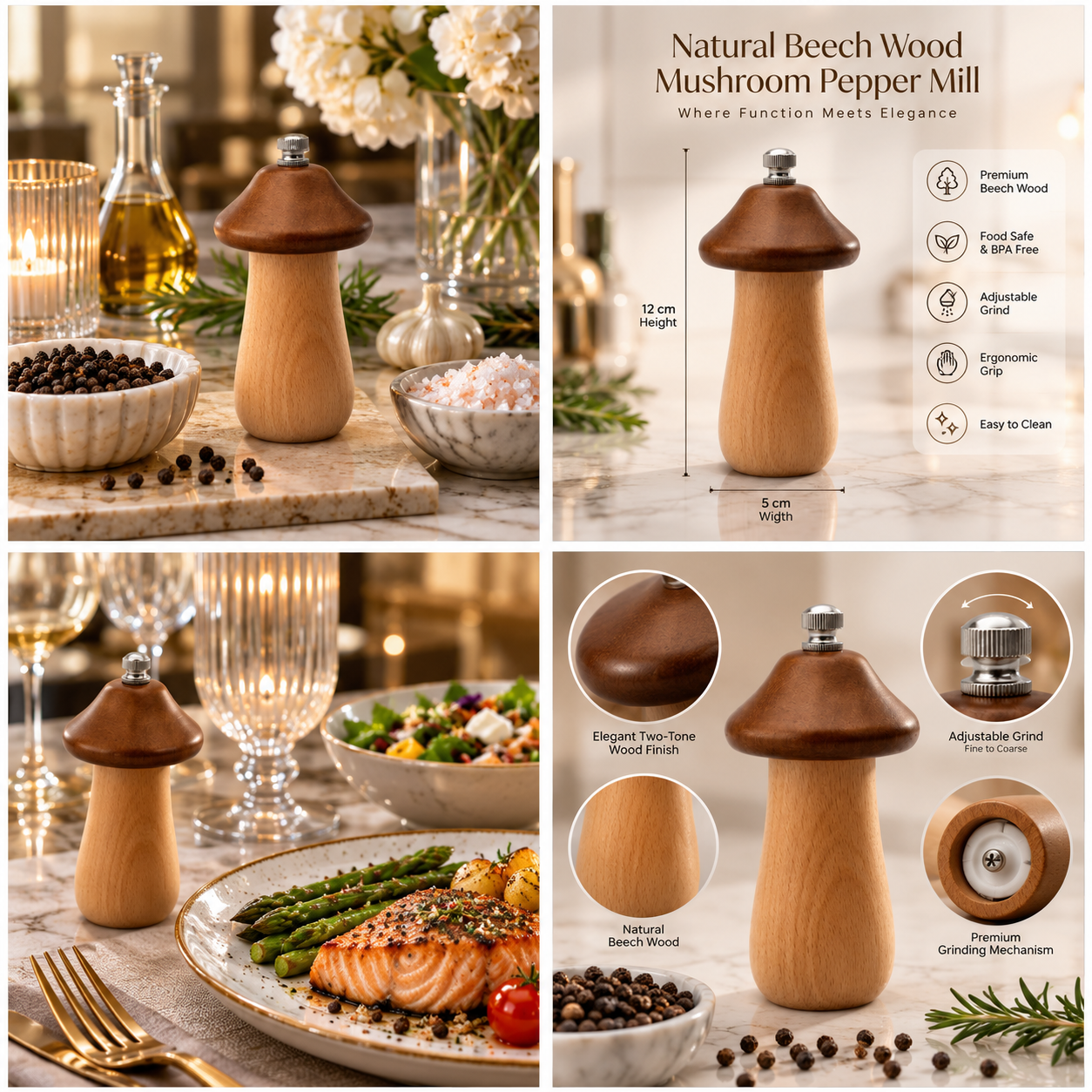 Natural Beech Wood Mushroom Pepper Mill with Adjustable Grind Control-12 cm