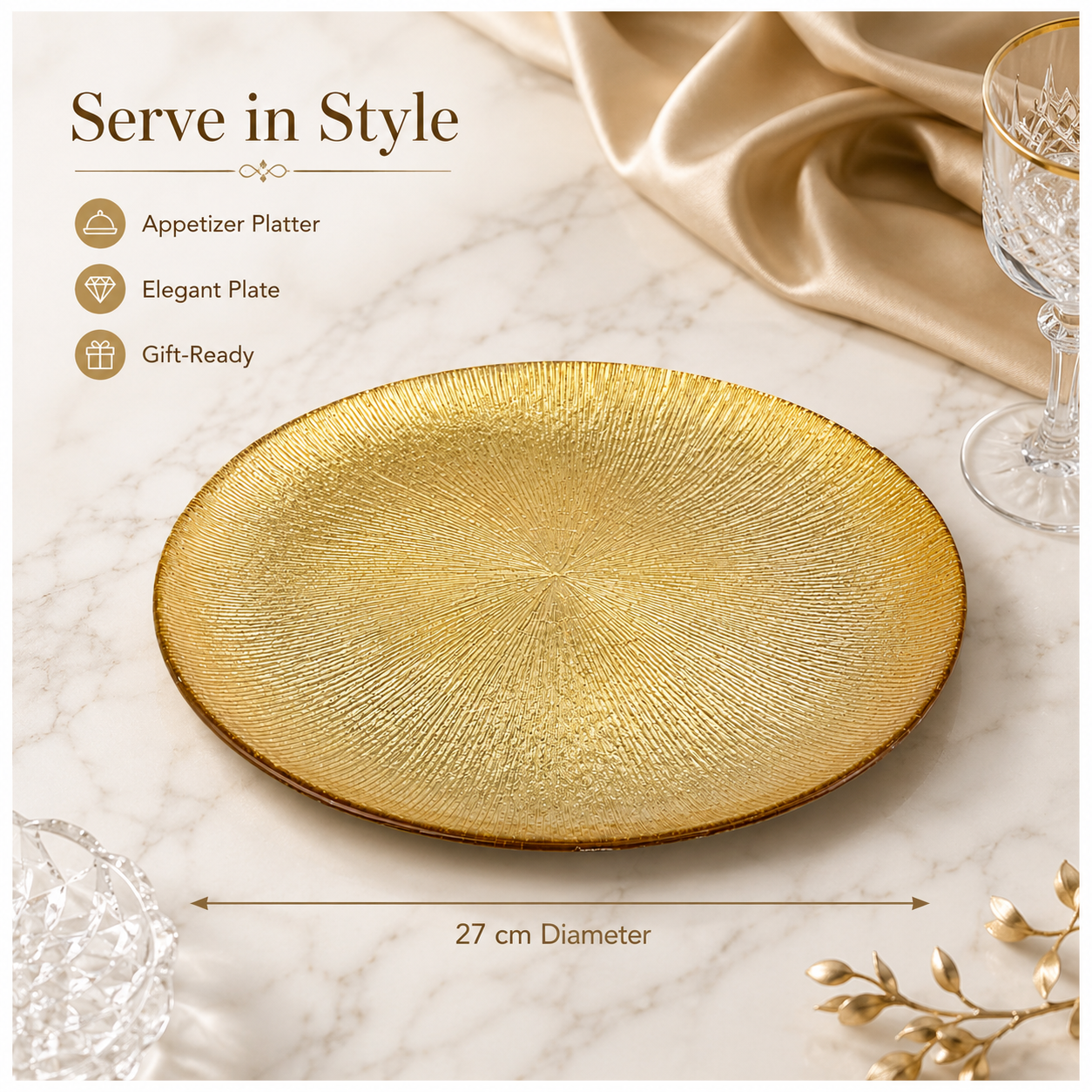 Elegant Gold Sunburst Glass Dessert and Appetizer Platter – 27cm