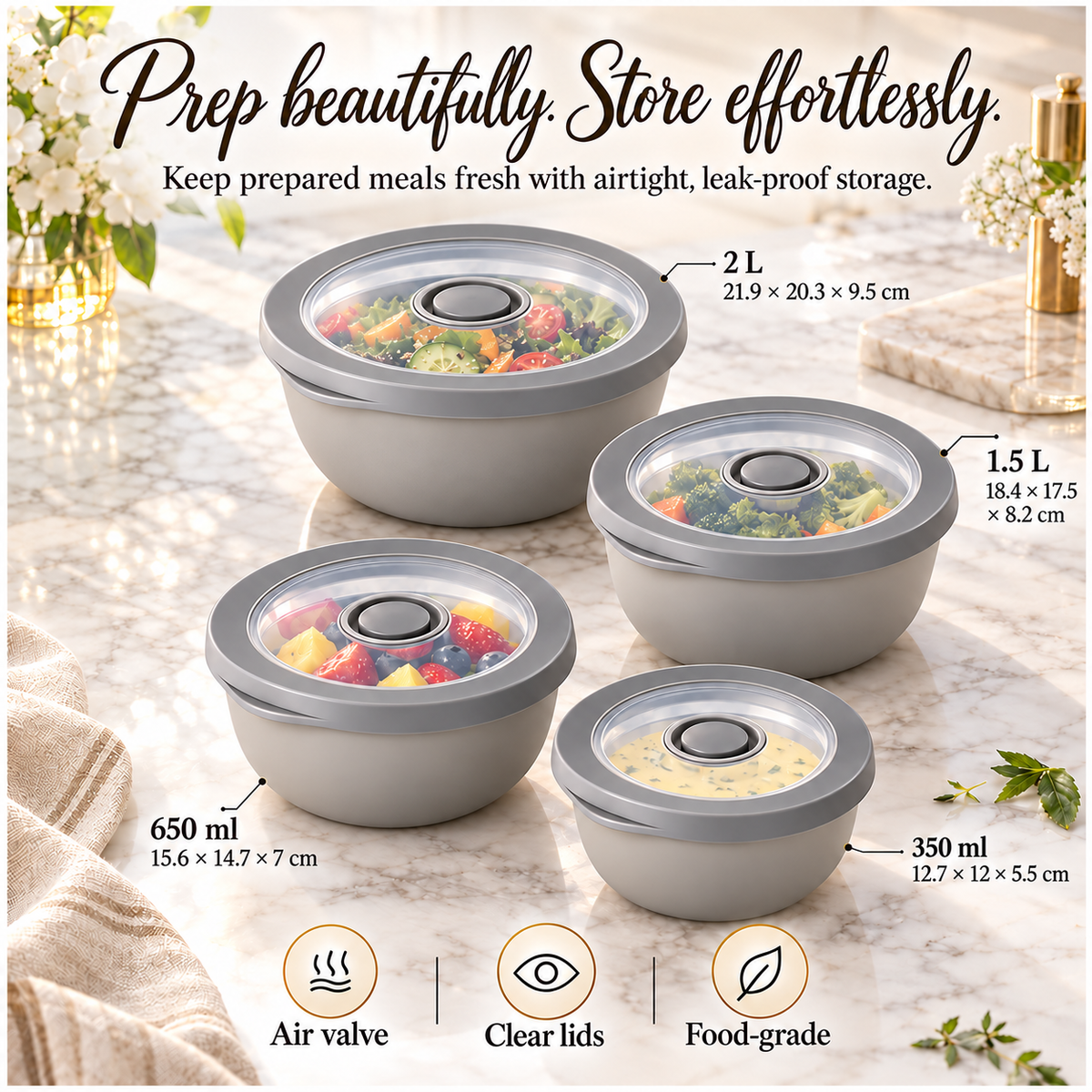 Airtight Round Food Storage Container Set of 4 – Grey, Clear Lids, BPA-Free