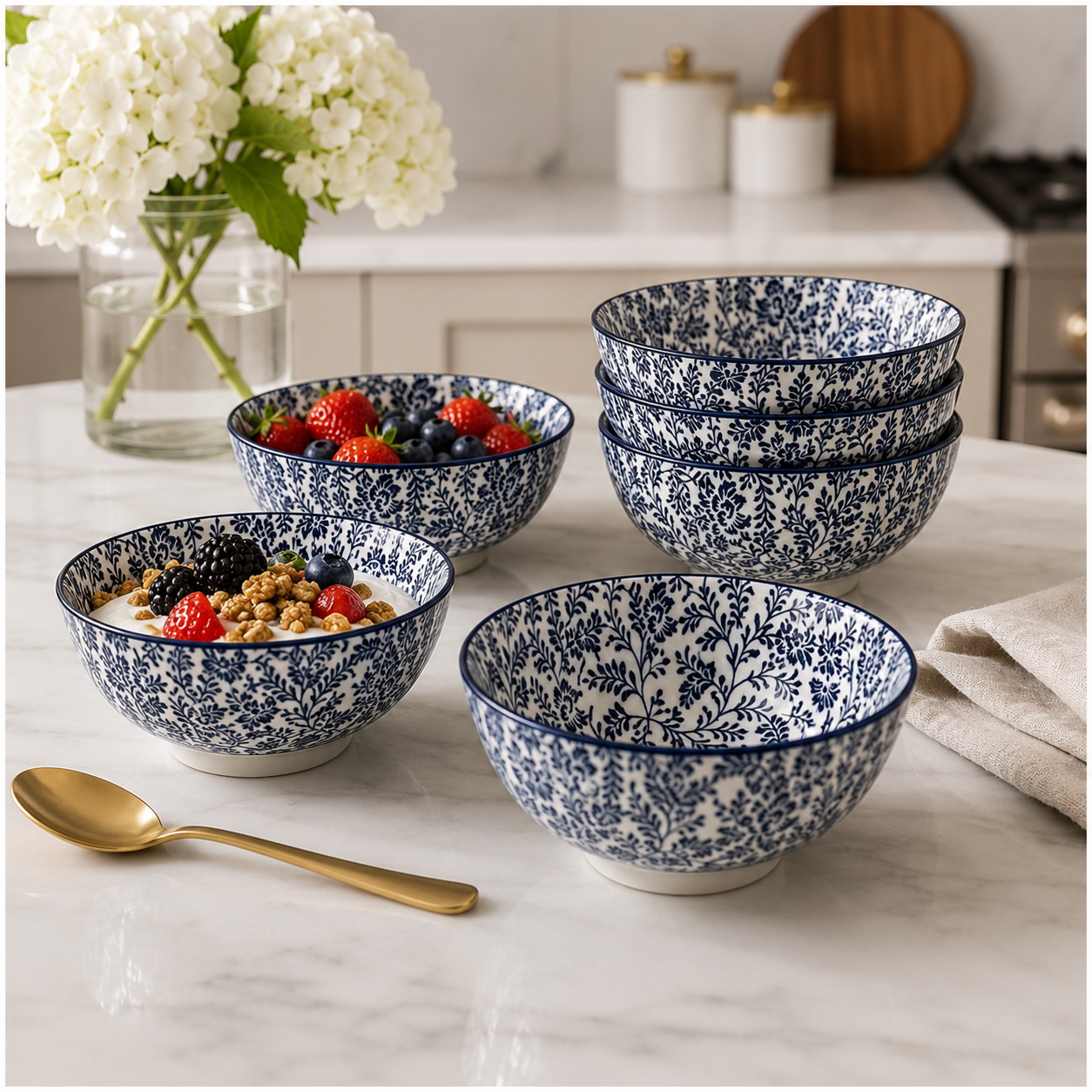 Elegant 8-Piece Blue Floral Porcelain Bowl Set – 13 cm
