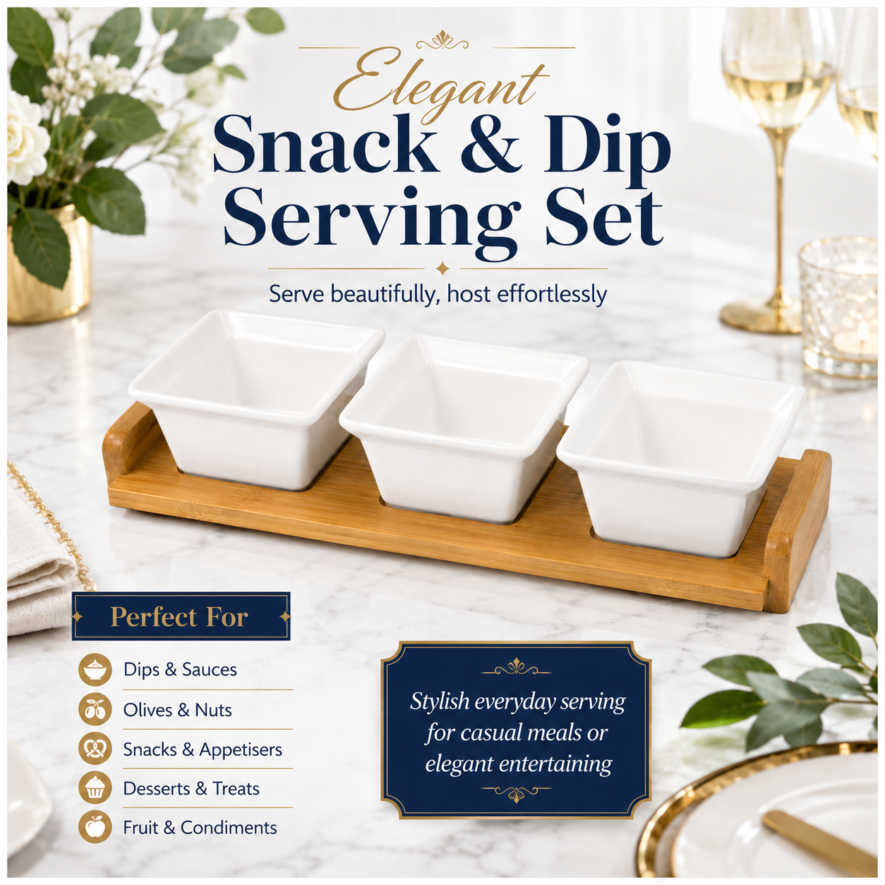 4 Piece Beauitiful Ceramic Snack Bowl Set with Wooden Serving Board- 34 cm