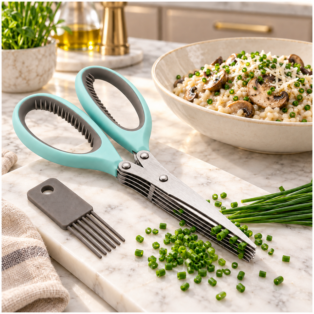 Multi-Blade Herb Scissors and Cleaning Comb Set-2 Piece ,Blue and Grey-20cm