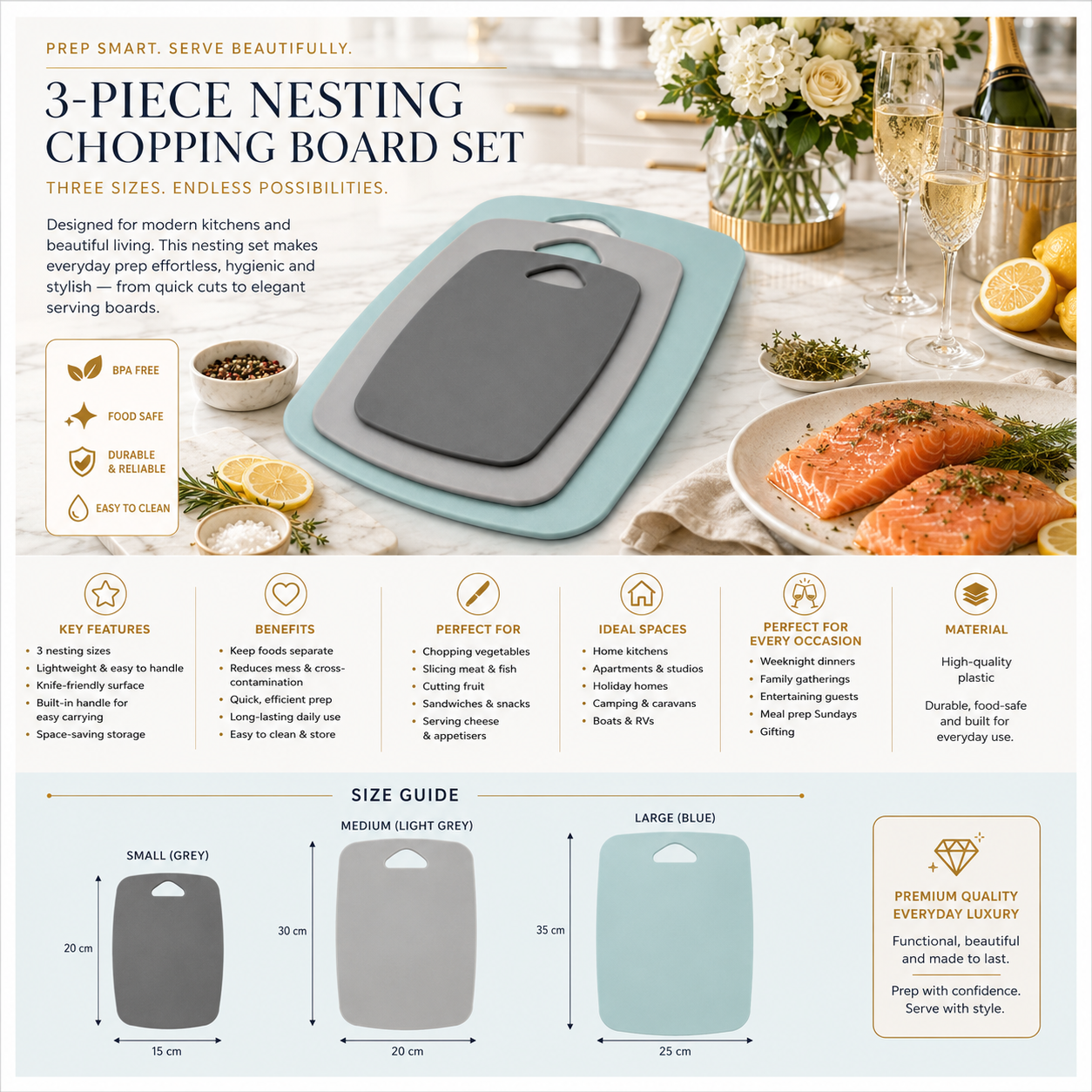 3-Piece Nesting Chopping Board Set – Food-Safe - Non-Slip - Dishwasher Safe