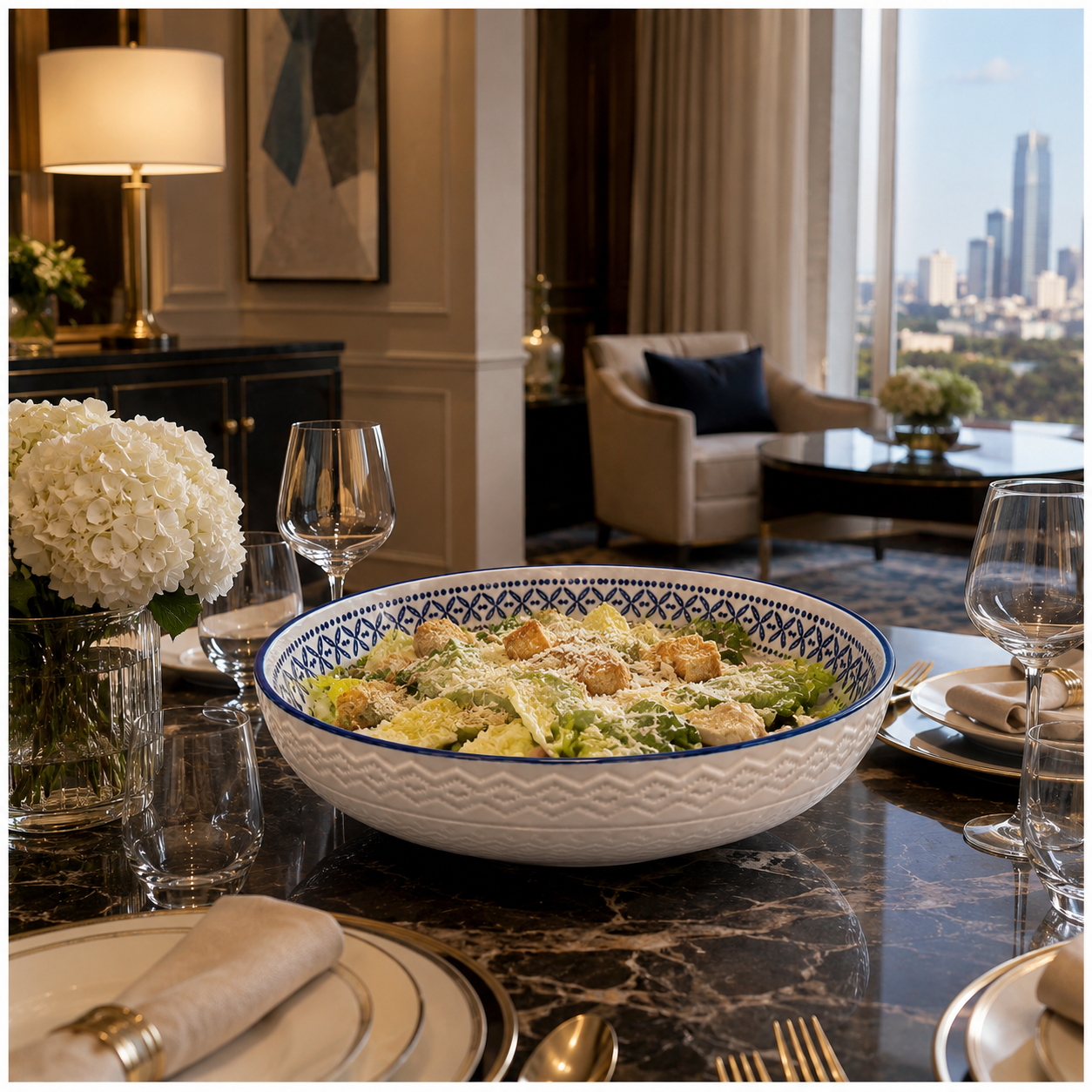 Luxury Large Ceramic Salad Serving Bowl 31cm–Navy and White -Floral Design
