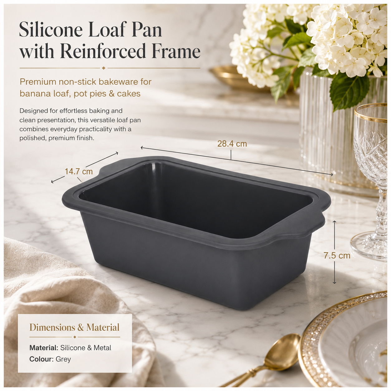 Essential Grey Reinforced Silicone Loaf Pan – BPA Free Baking Mould - 24cm