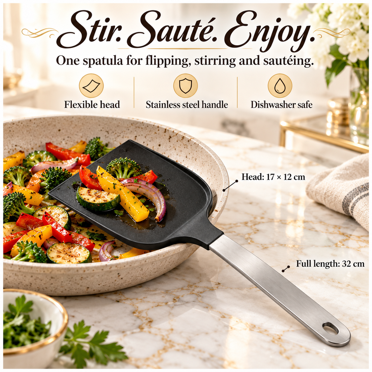 Wide Pancake Turner Spatula–Flexible Head and Stainless Steel Handle, 32 cm