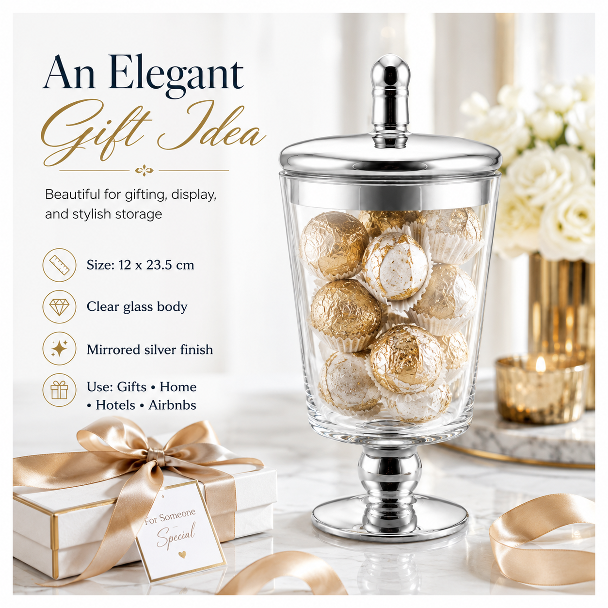 Elegant Decorative Glass Jar with Mirrored Silver Lid and base – 23.5cm