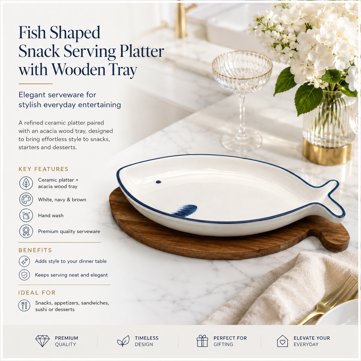 Fish Shaped Snack Serving Platter with Wooden Tray – Ceramic & Acacia Wood Serveware Set