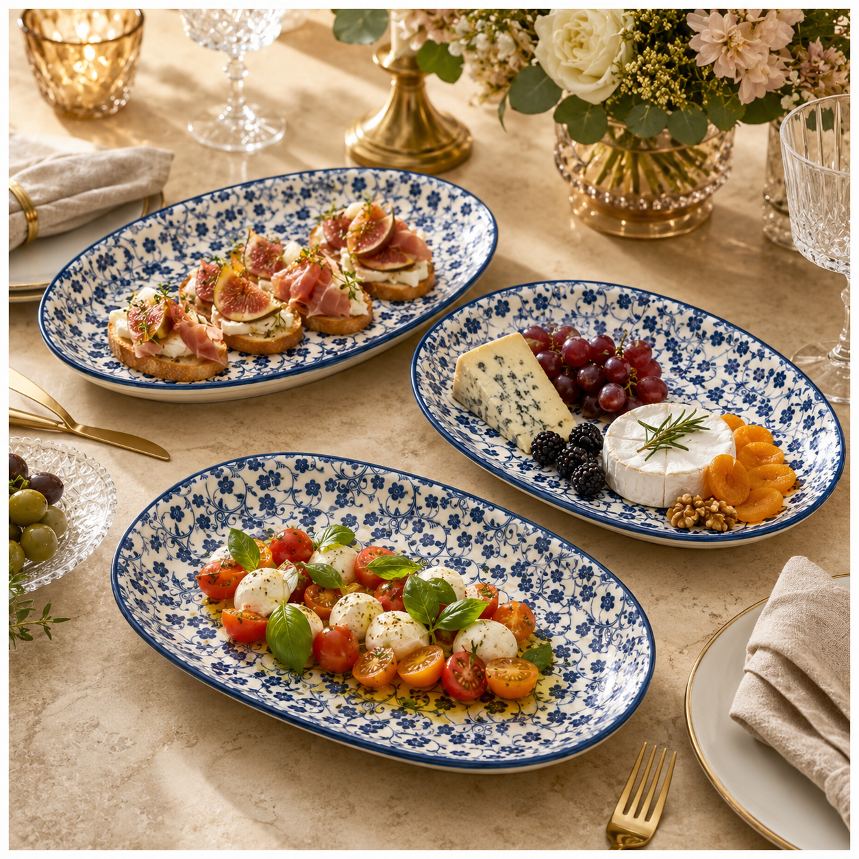 Elegant Blue and White Ceramic Serving Platter Set – Set of 3 - 30 cm