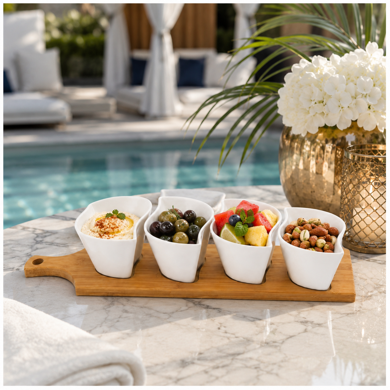 Elegant Ceramic Dipping Bowl Set with Bamboo Serving Paddle Board –
