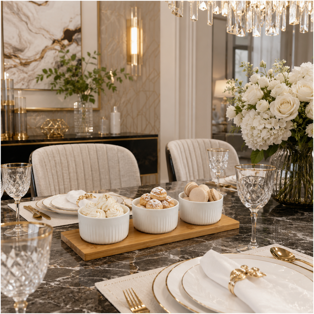 Elegant 4 Piece Bamboo Tray and Ceramic Pastry Bowls -Classic Serveware Set