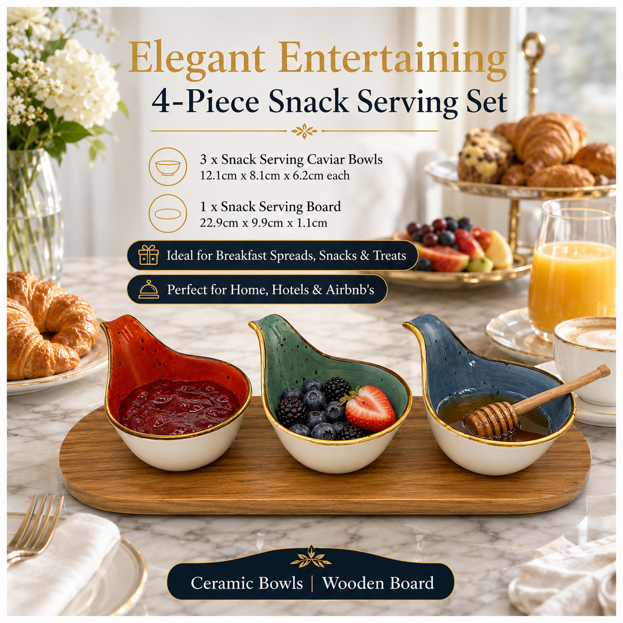 Beautiful 4-Piece Ceramic Snack Serving Bowl Set with Acacia Wood Board