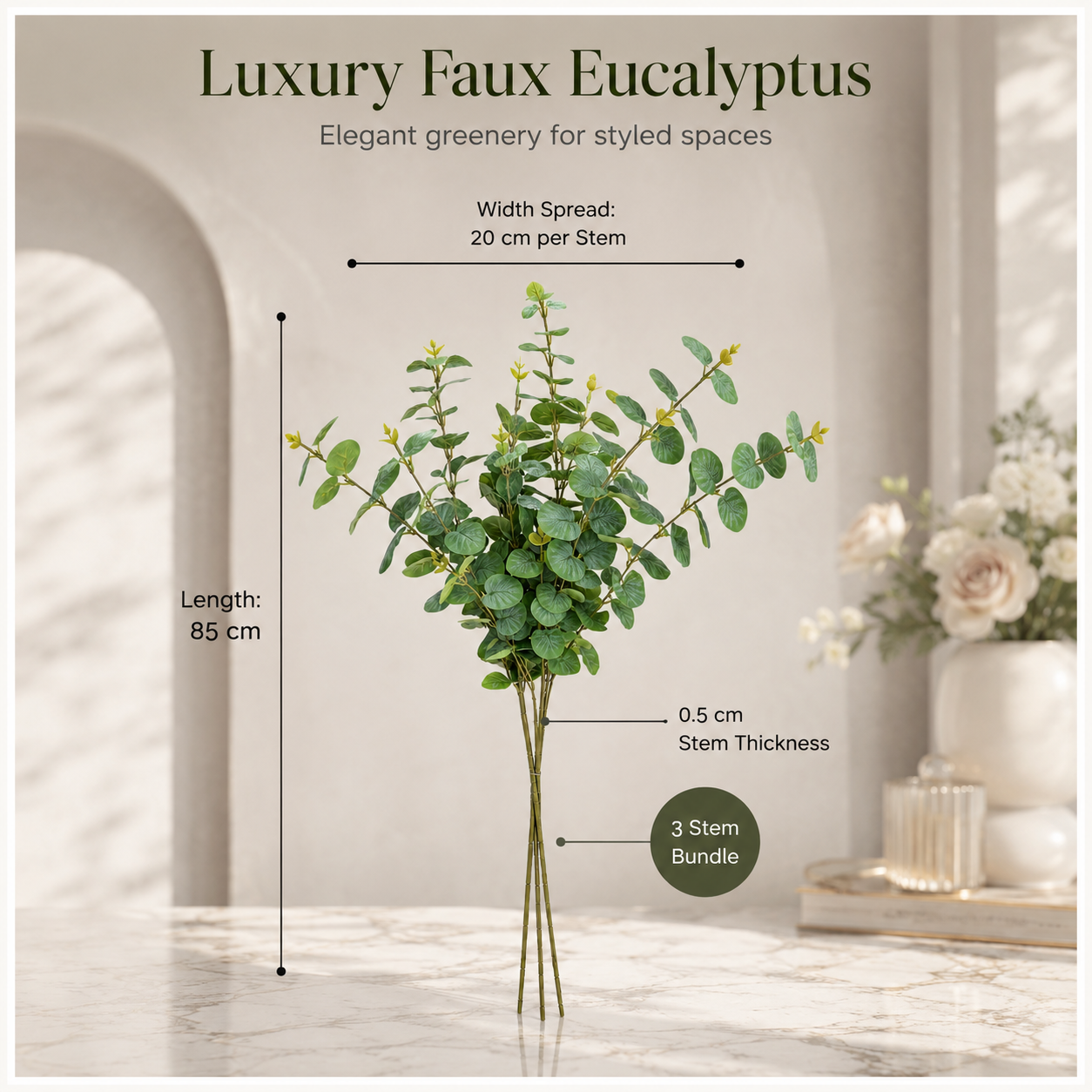 Stylish Modern Eucalyptus Stems Bundle – 3 Modern Decorative Stems - 85 cm