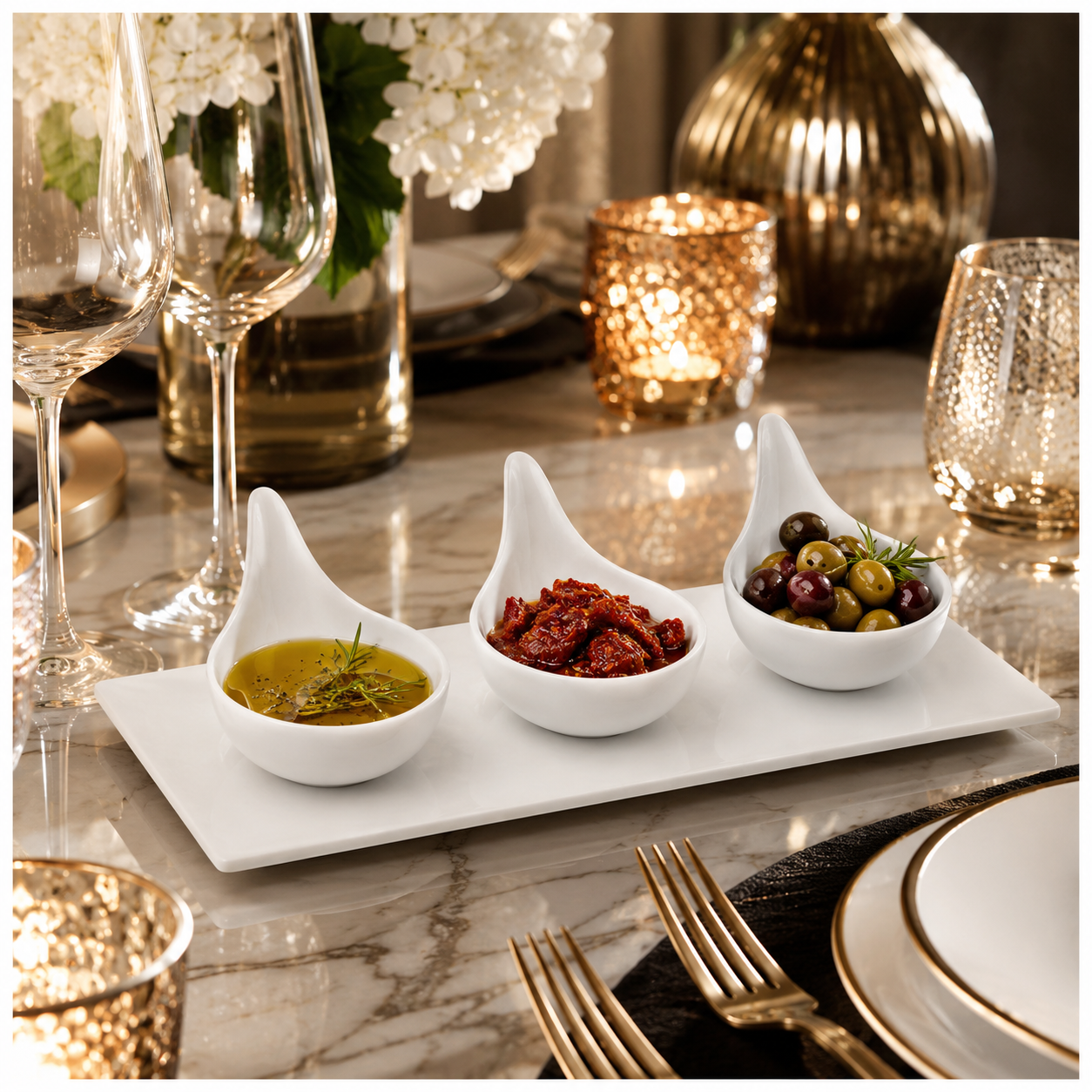 Luxury 3-Piece High Quality Fine Porcelain Serving Bowl and Tray Set- White