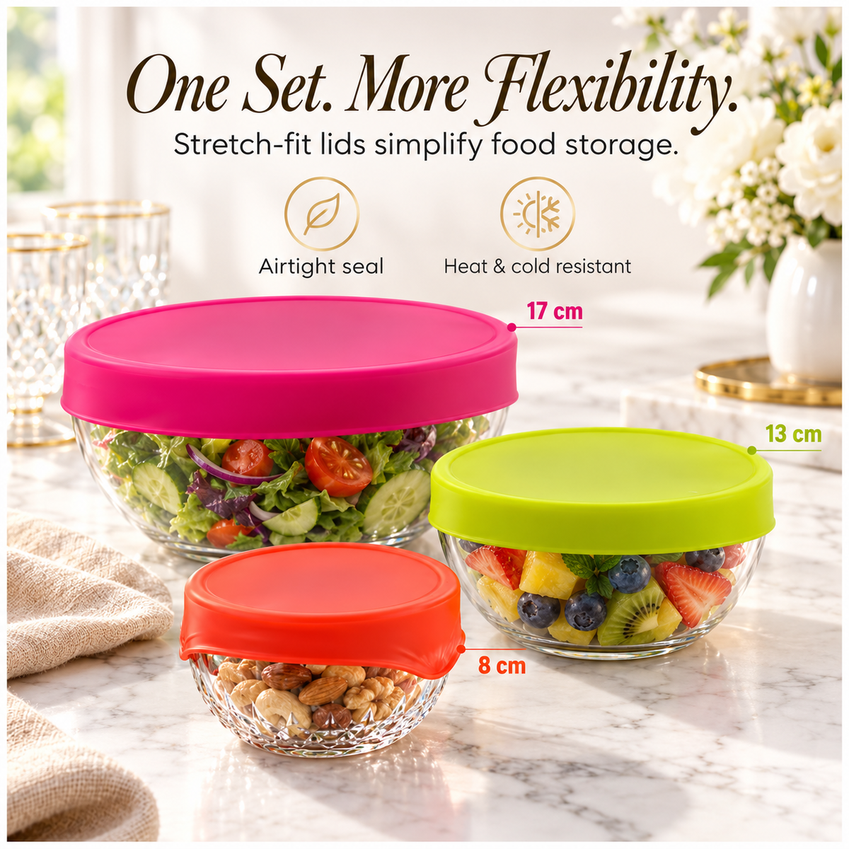 Flexible Silicone Stretch Lids 3-Piece Set | Airtight Food Covers, 8–17 cm