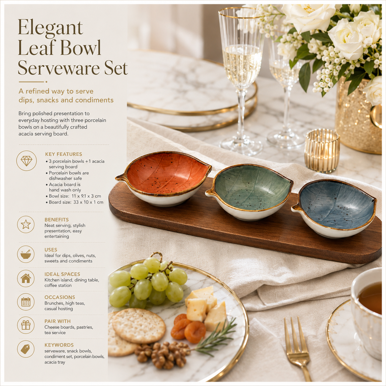 Elegant 4-Piece Leaf Bowl Serveware Bowls Set With Acacia Board - 33 cm