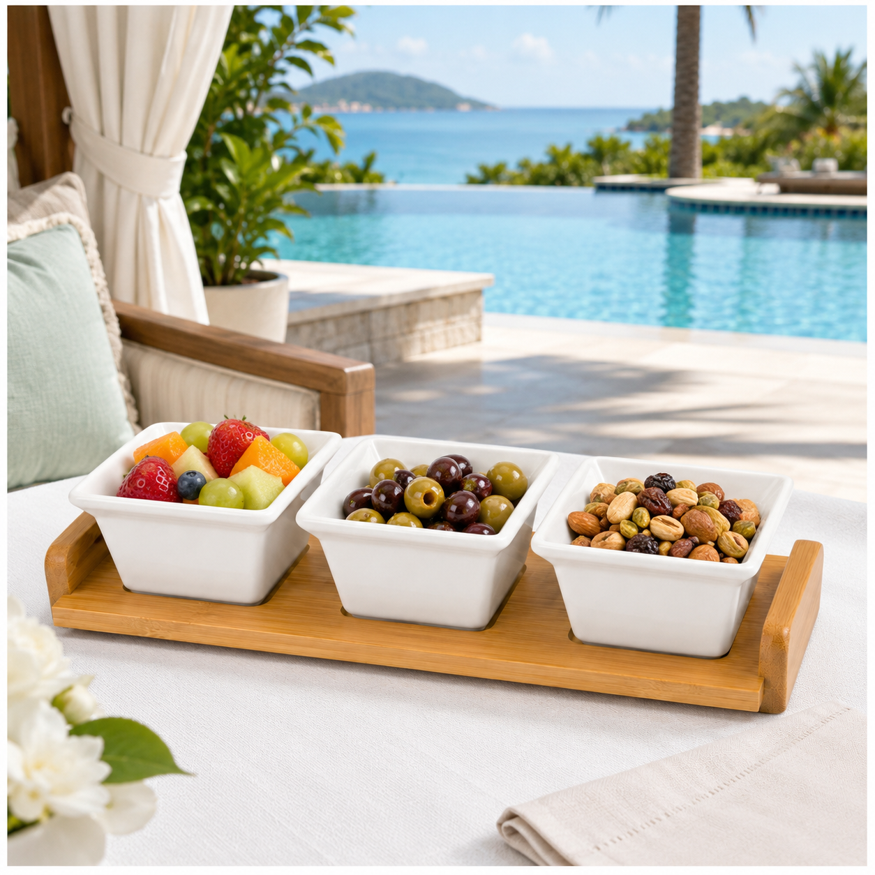 4 Piece Beauitiful Ceramic Snack Bowl Set with Wooden Serving Board- 34 cm
