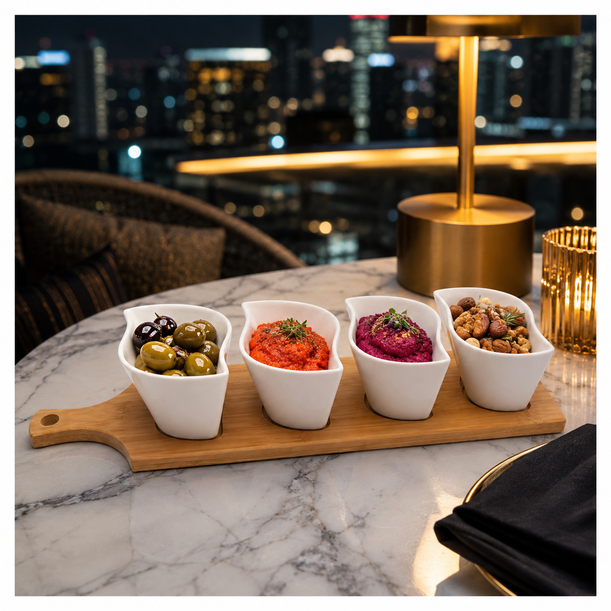 Elegant Ceramic Dipping Bowl Set with Bamboo Serving Paddle Board –