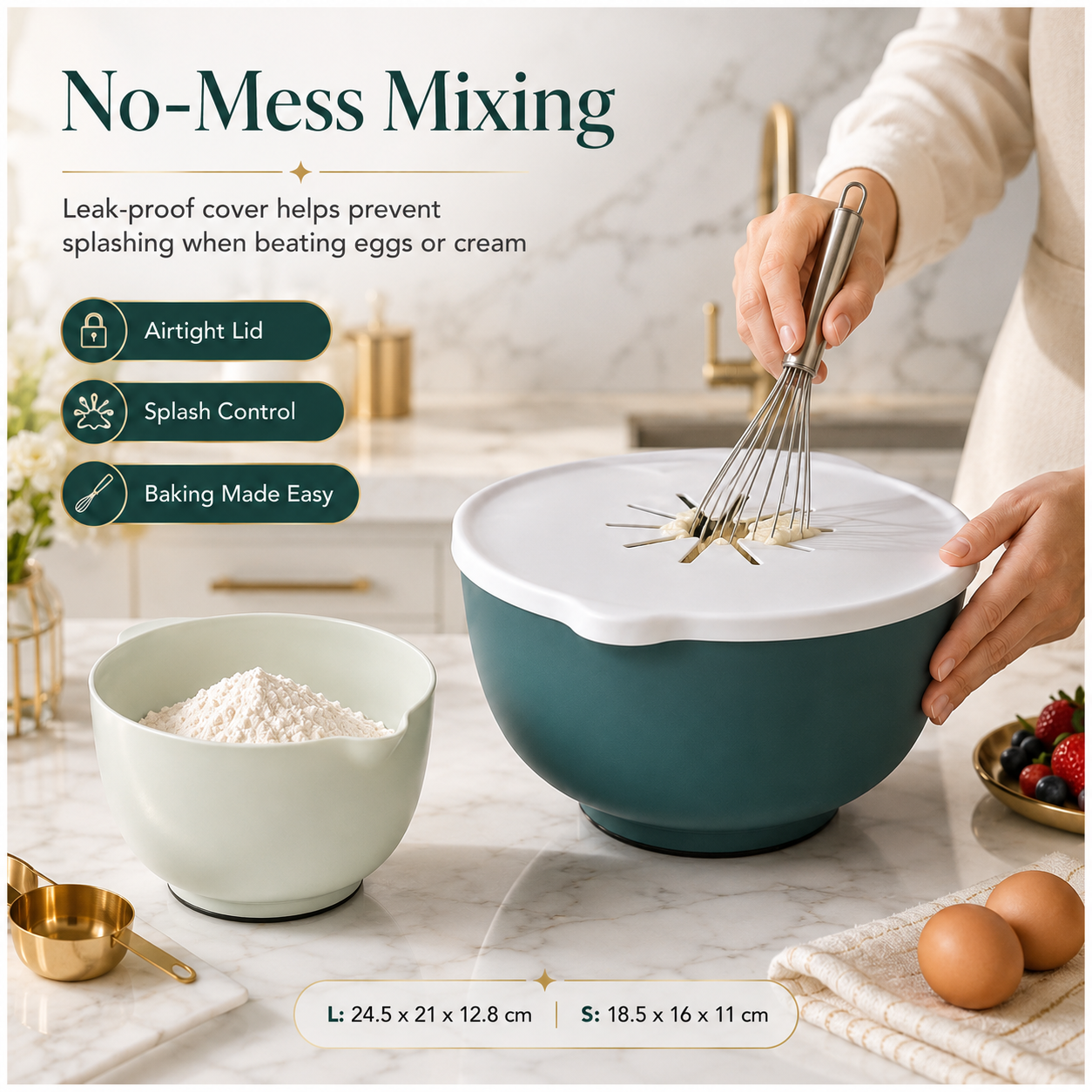 Essential 3 Piece Mixing Bowl Set with Lid – 2 Sizes- Baking Prep BowlS