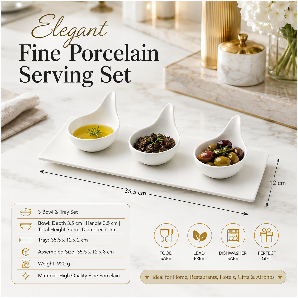 Luxury 3-Piece High Quality Fine Porcelain Serving Bowl and Tray Set- White