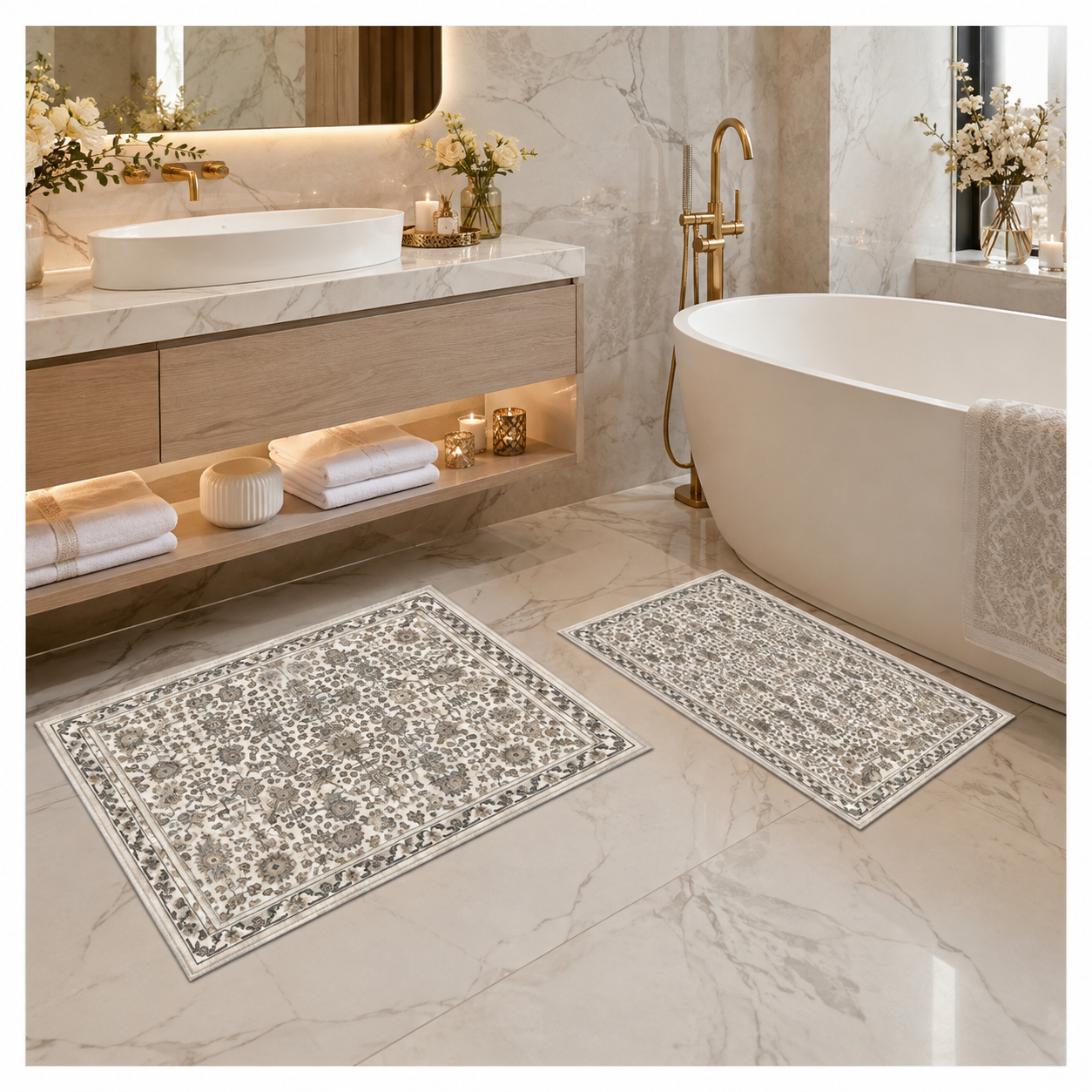 2-Piece Accent Persian Carpet Set–Charcoal Grey and Ivory-50x84cm-60x102 cm