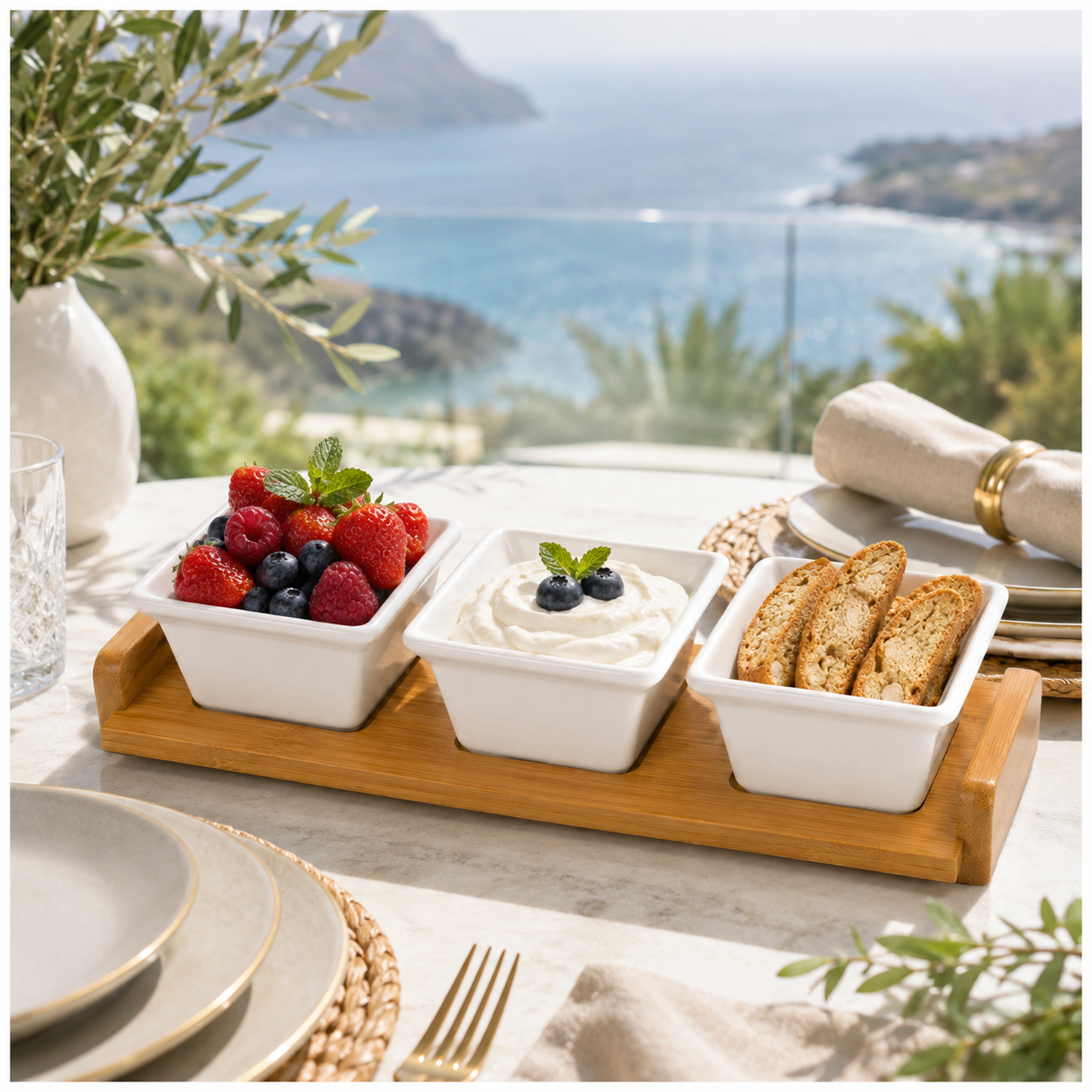 4 Piece Beauitiful Ceramic Snack Bowl Set with Wooden Serving Board- 34 cm