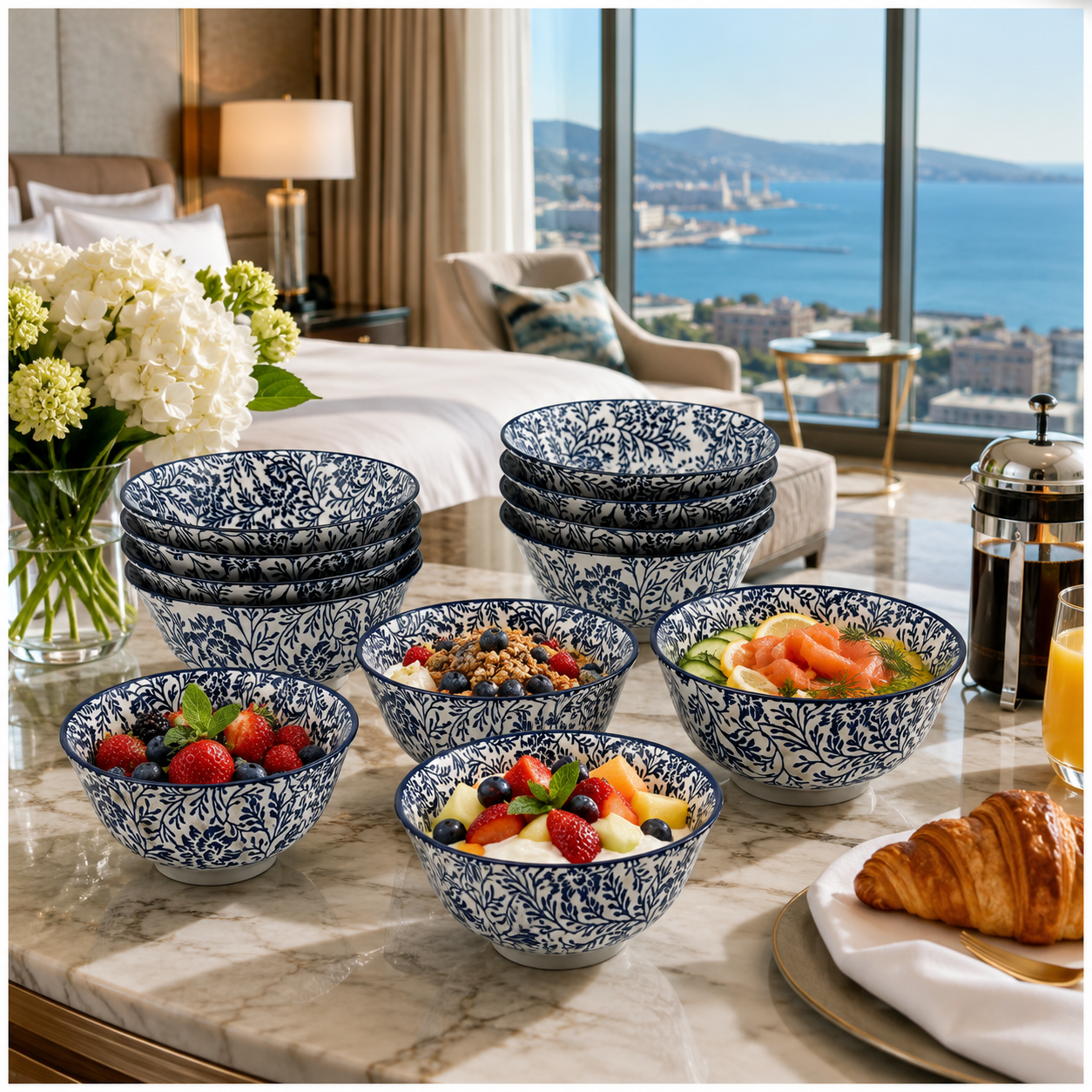 Elegant 10-Piece Blue White Porcelain Bowl Set - Beautiful Floral Serveware