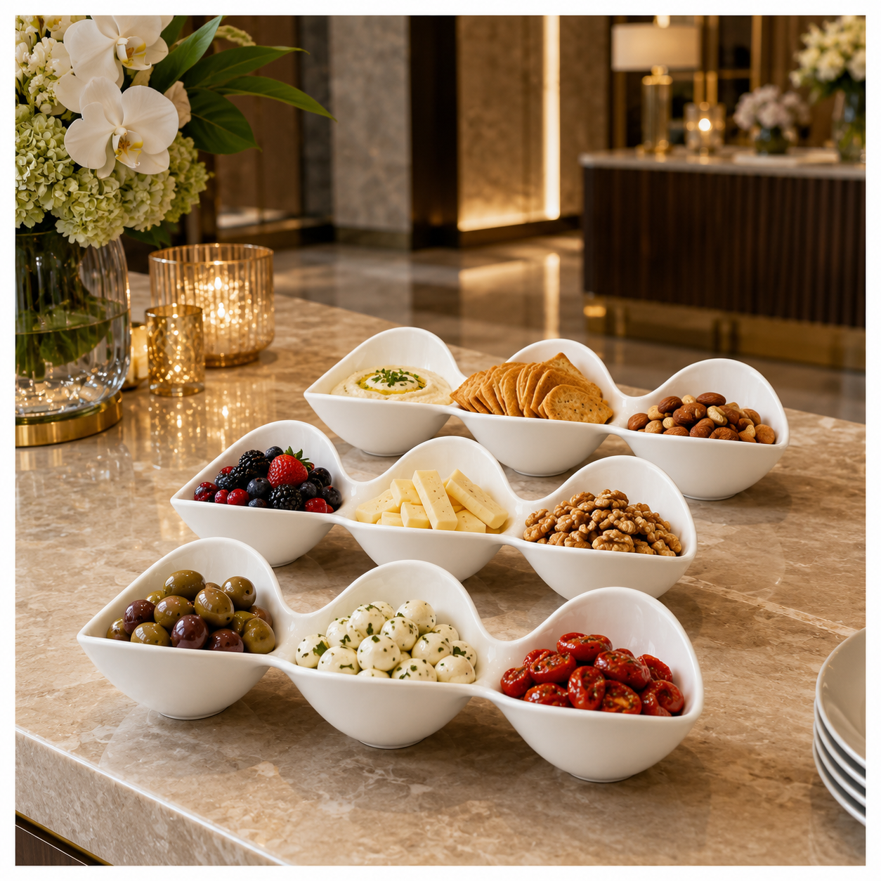 3-Piece White Melamine Triple Bowl Serving Set – 3 x 3-Compartment Bowls