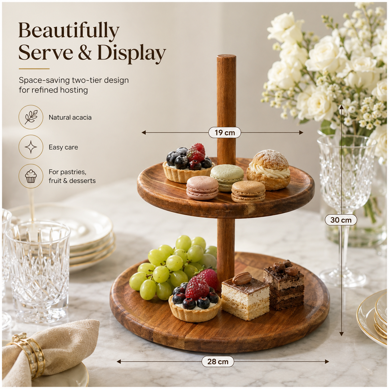 Natural Acacia 2-Tier Round Serving Platter - Wooden Display Stand - 28cm