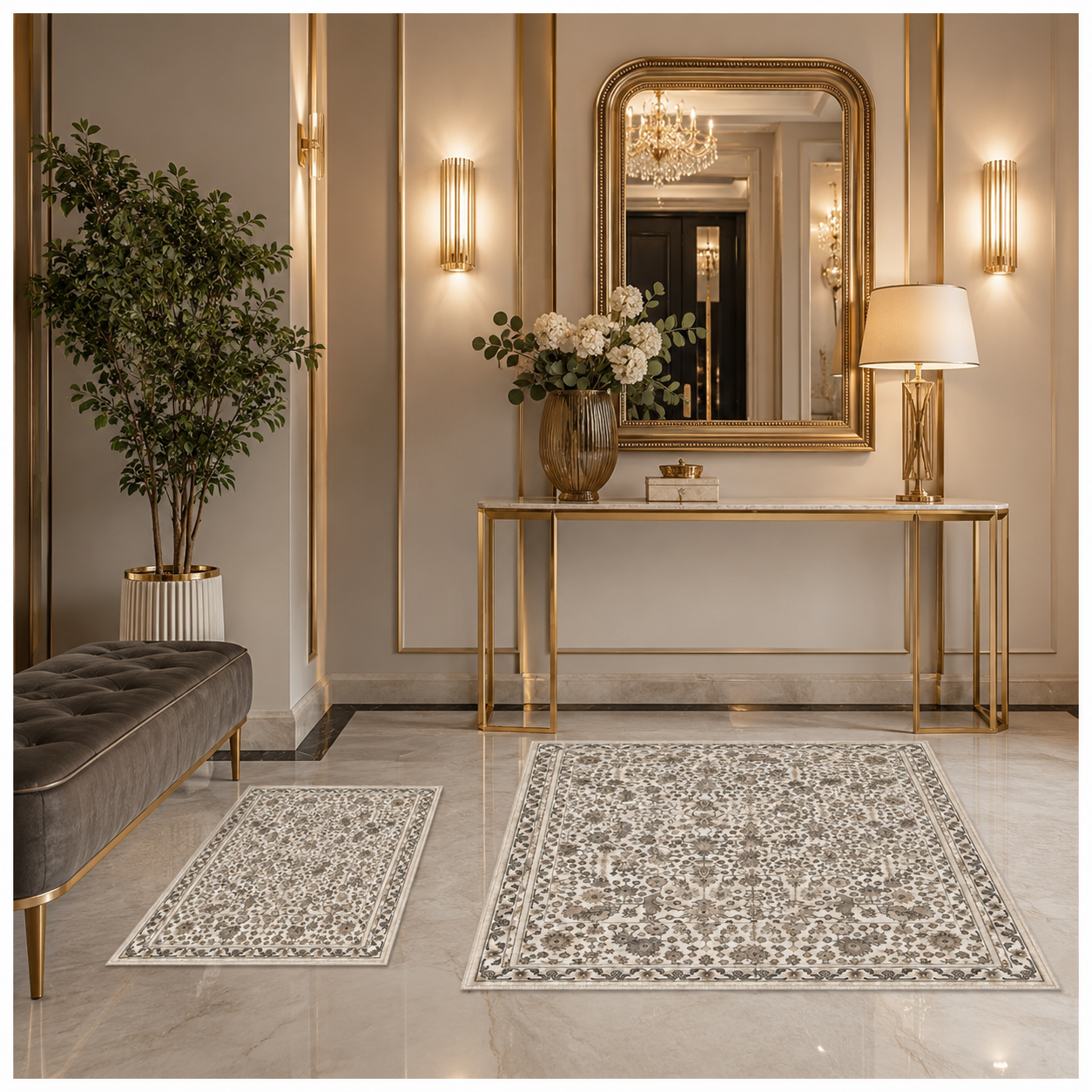 2-Piece Accent Persian Carpet Set–Charcoal Grey and Ivory-50x84cm-60x102 cm