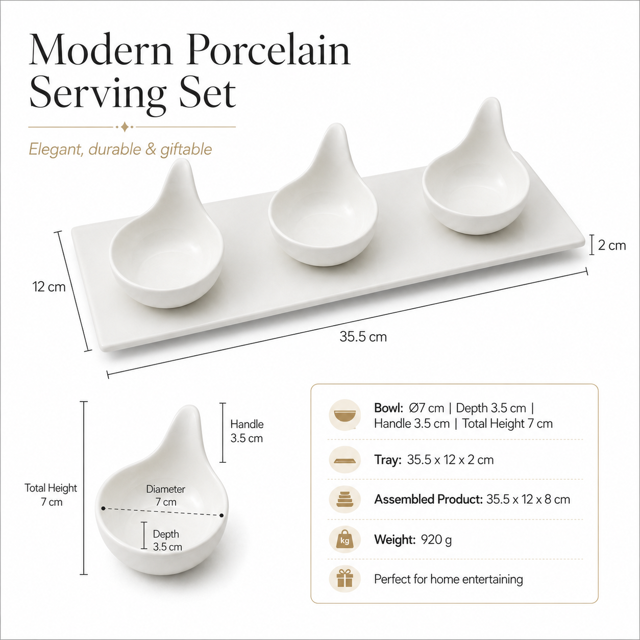 Luxury 3-Piece High Quality Fine Porcelain Serving Bowl and Tray Set- White