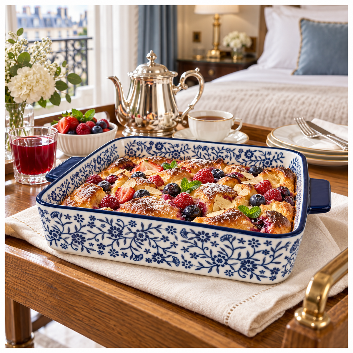 Elegant Blue and White Floral Porcelain Baking Dish with Handles - 29.5cm