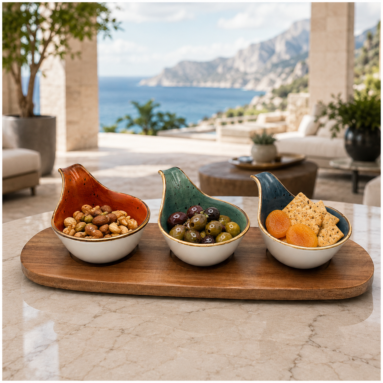 Elegant 3-Piece Ceramic Snack Bowl Set with Acacia Wood Serving Board