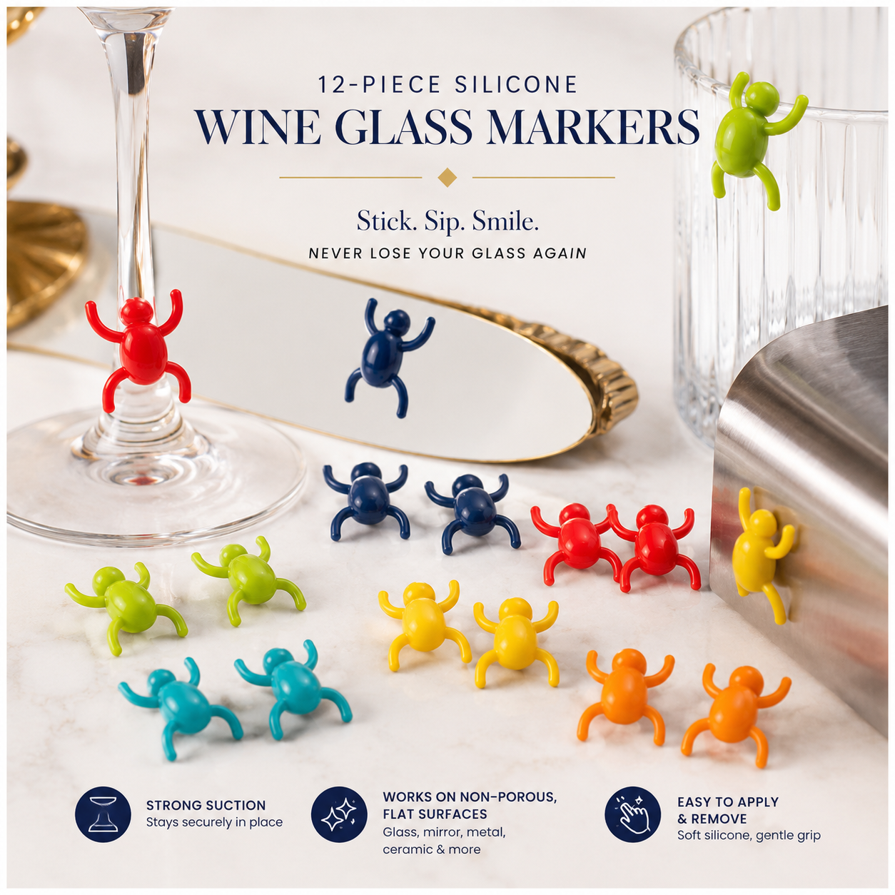 Charming 12-Piece Silicone Spider Wine Glass Marker Set - Multicolour