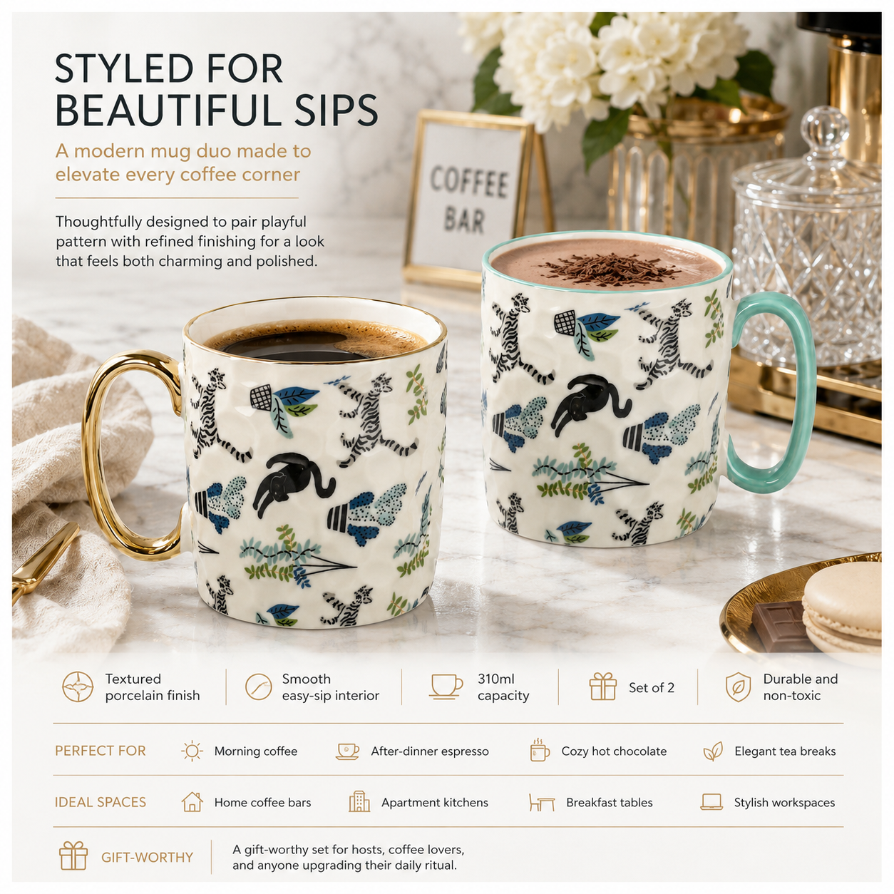 2-Piece Textured Porcelain Coffee Mug Set – 310ml Floral Cat Design