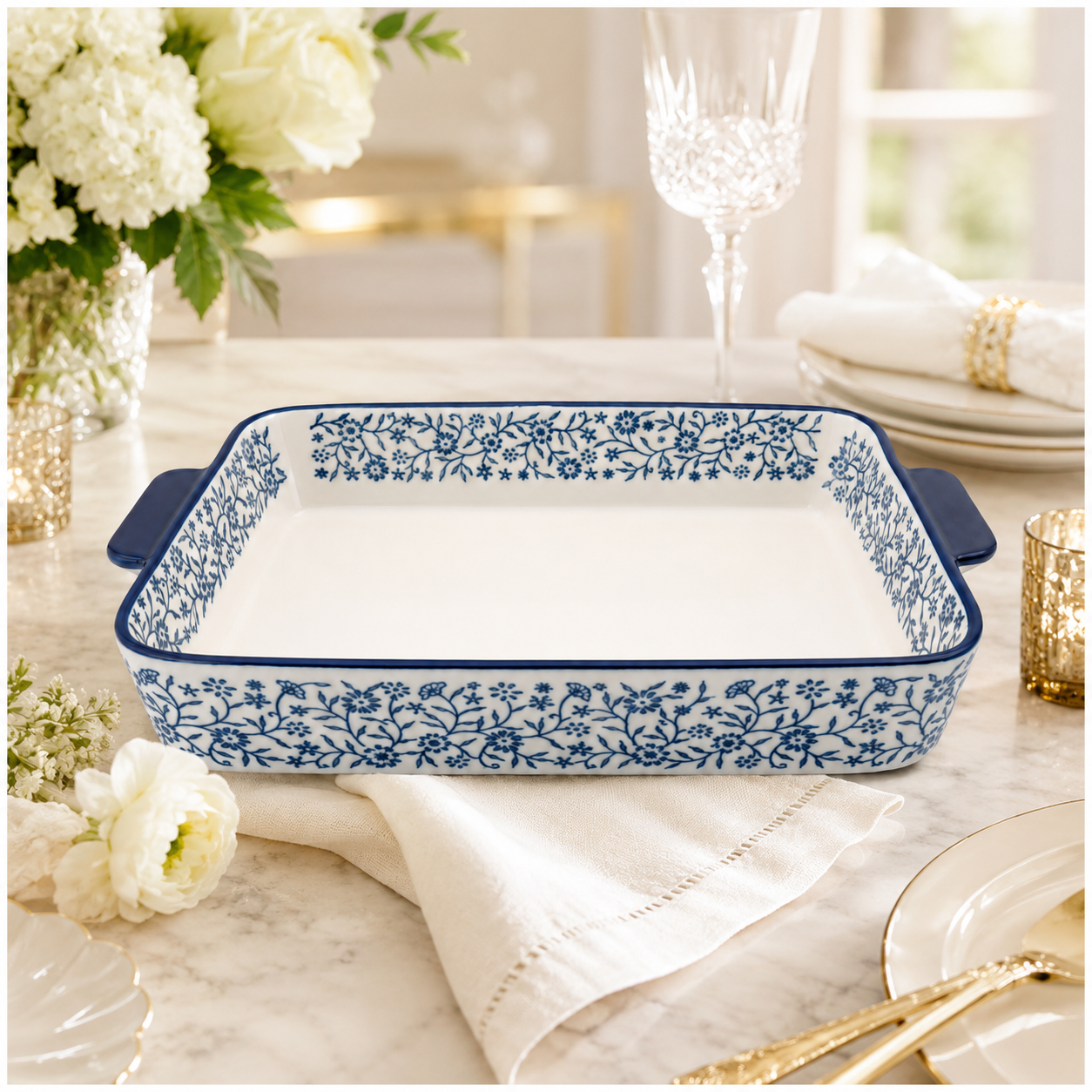 Premium White-Blue Porcelain Rectangular Casserole Dish -Serving Dish -31cm