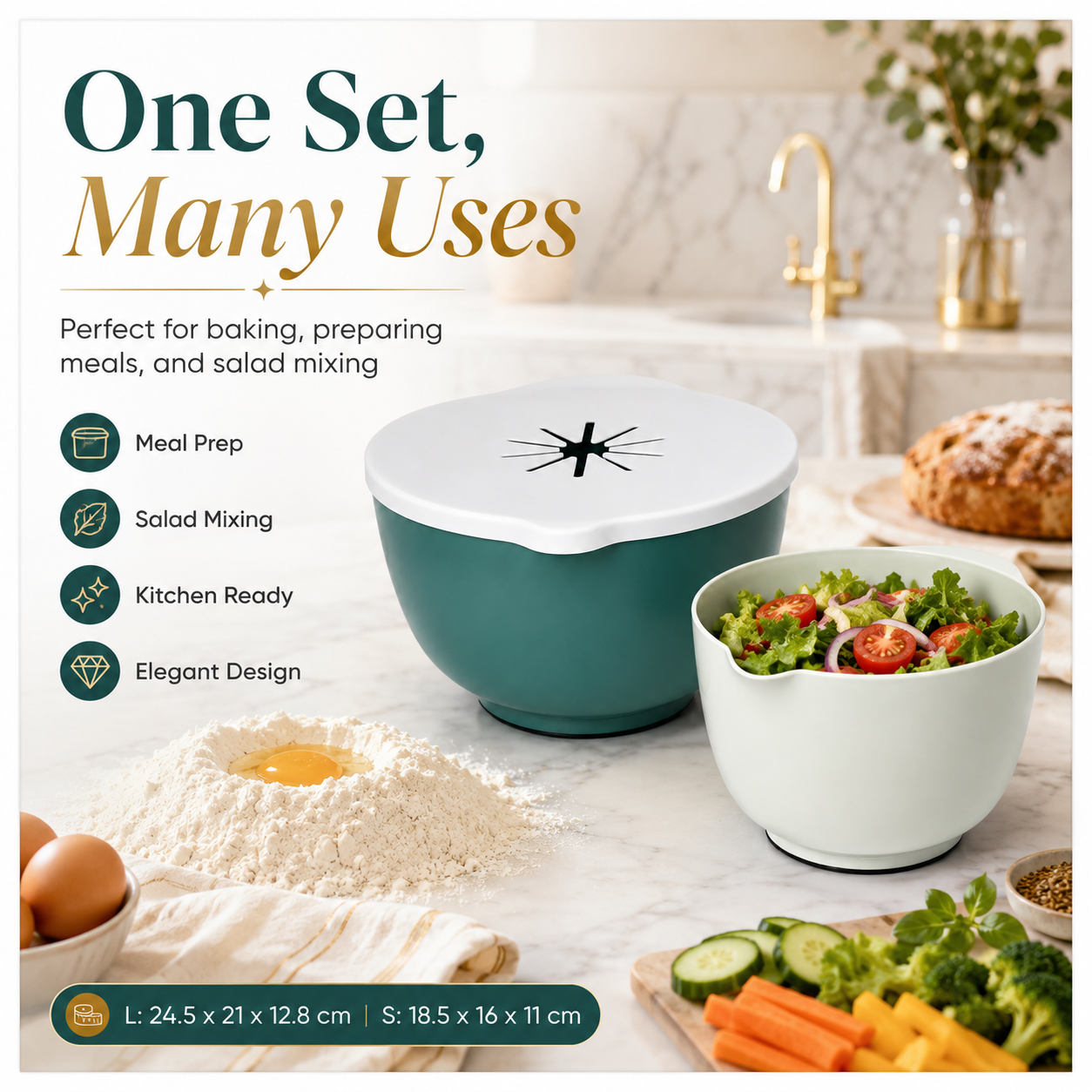 Essential 3 Piece Mixing Bowl Set with Lid – 2 Sizes- Baking Prep BowlS