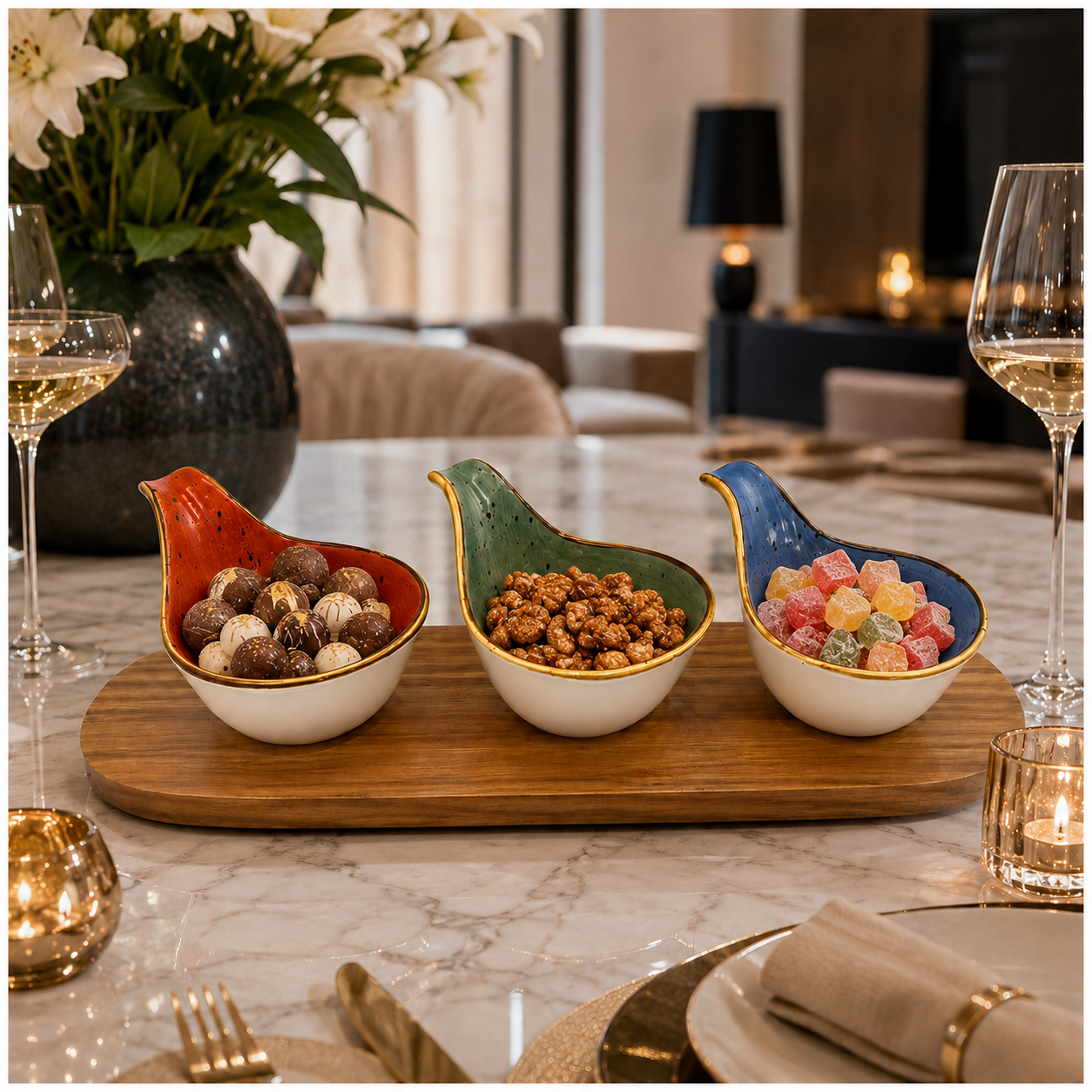 Beautiful 4-Piece Ceramic Snack Serving Bowl Set with Acacia Wood Board