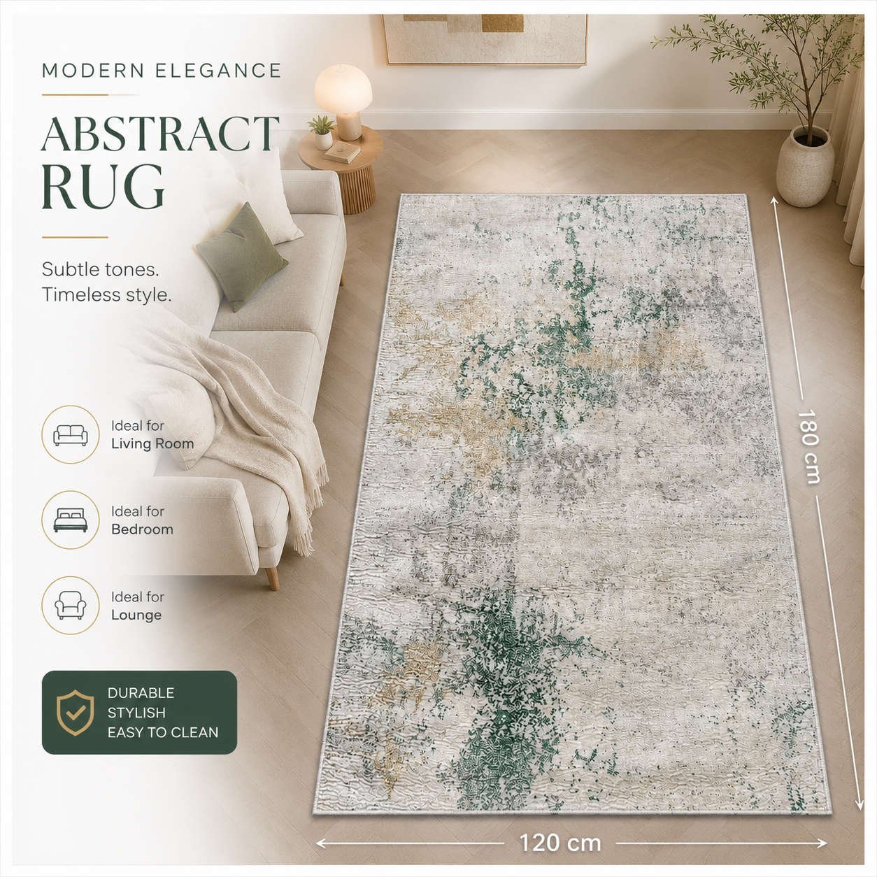 Modern Abstract Area Rug - 180cm x 120cm – Green, Cream Soft Accent Rug