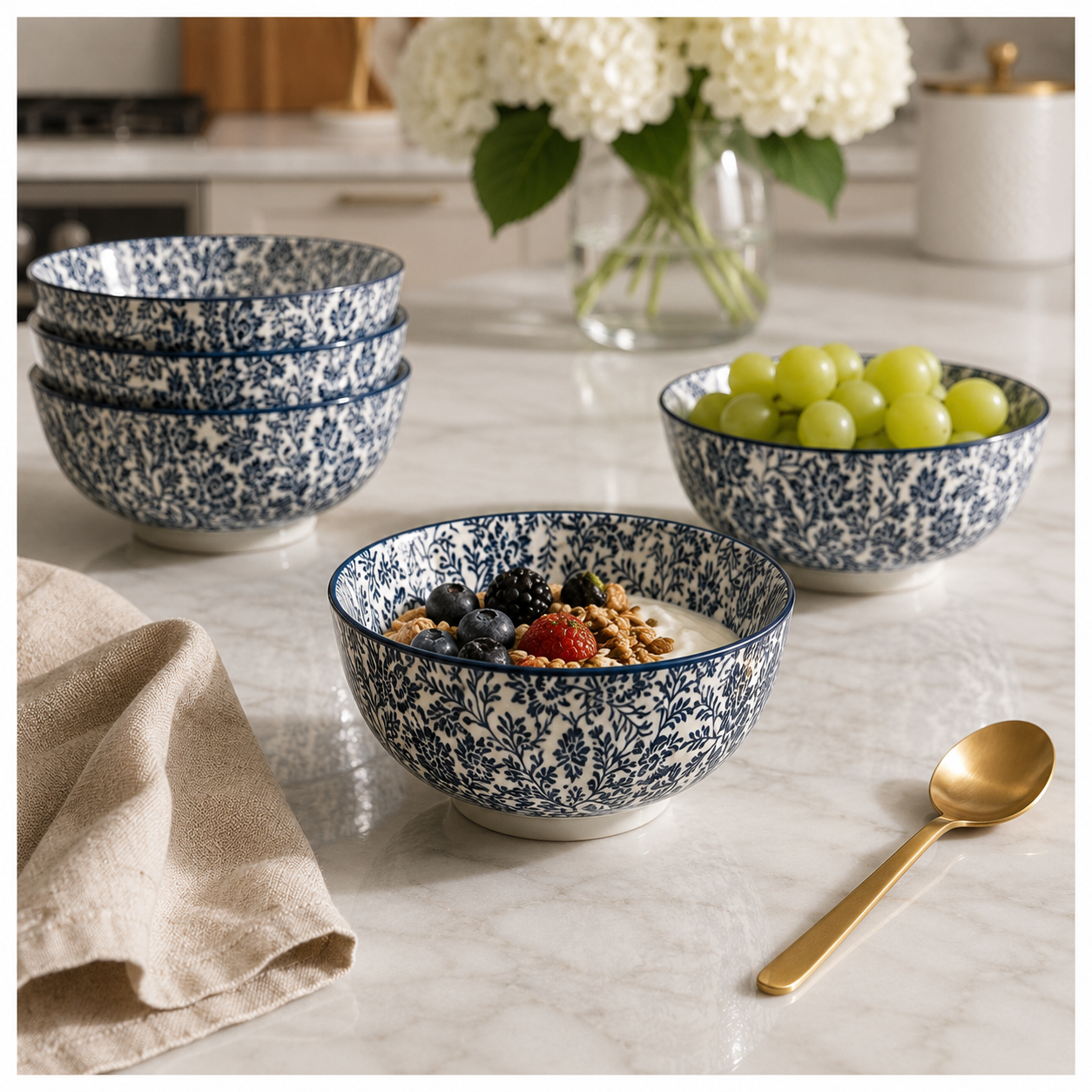Elegant 8-Piece Blue Floral Porcelain Bowl Set – 13 cm