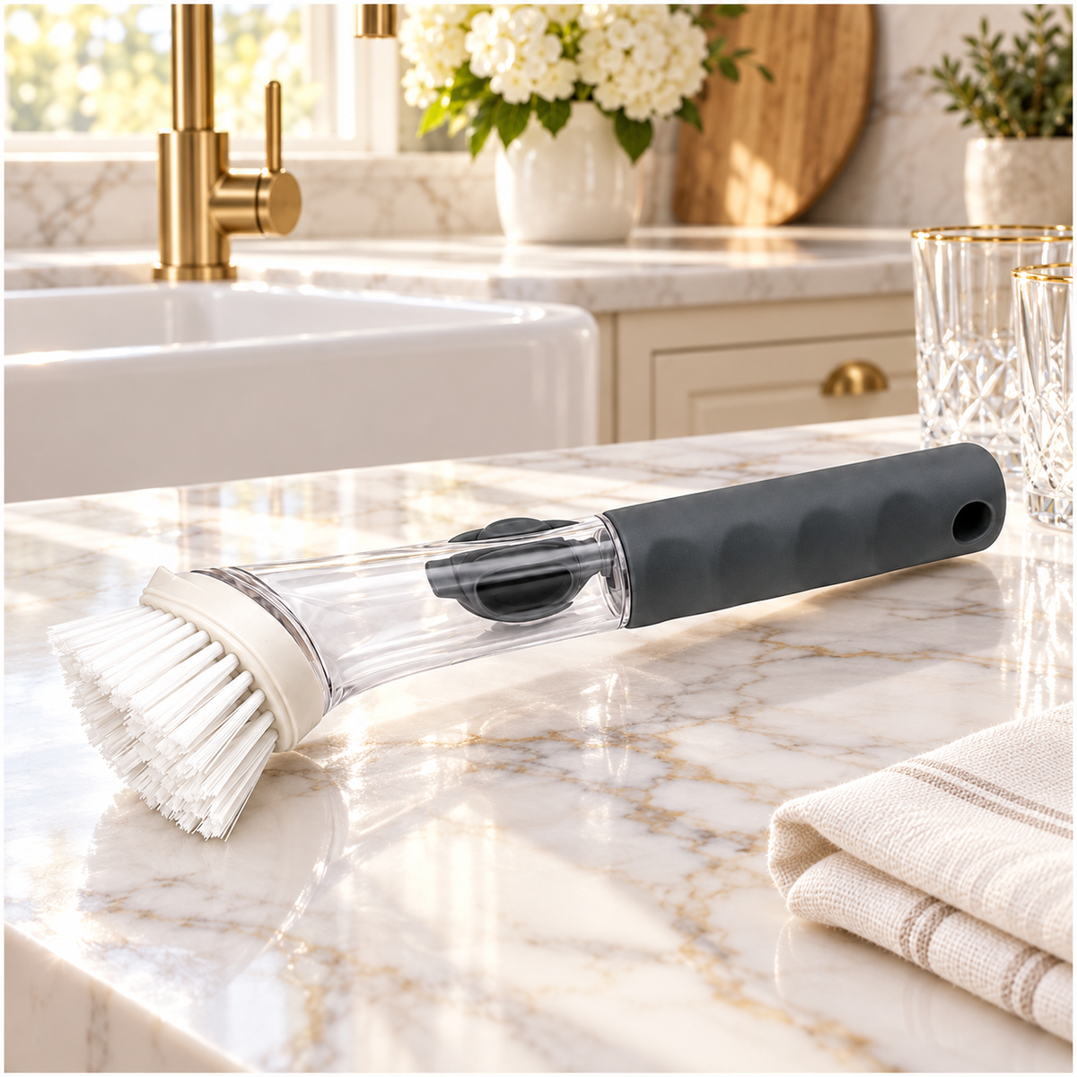 Essential Soap-Dispensing Dish Brush with Soft-Grip Handle – Grey