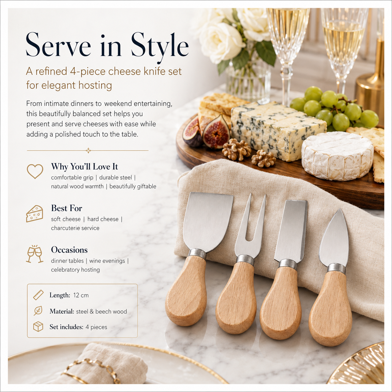 4-Piece Beech Wood Cheese Knife Serving Set - 12 cm