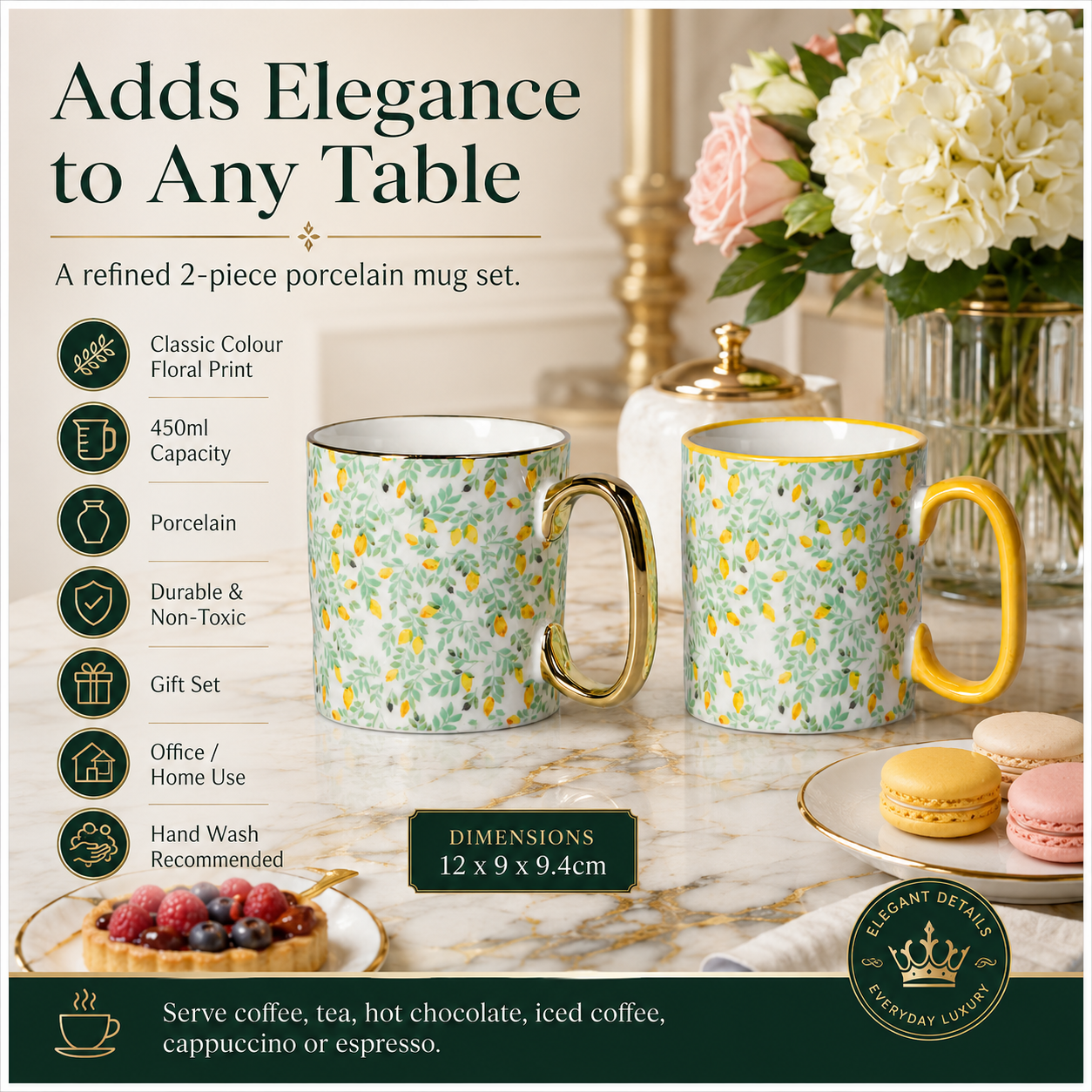 2-Piece Floral Porcelain Coffee Mug Set–Elegant Hot and Cold Beverage Mugs