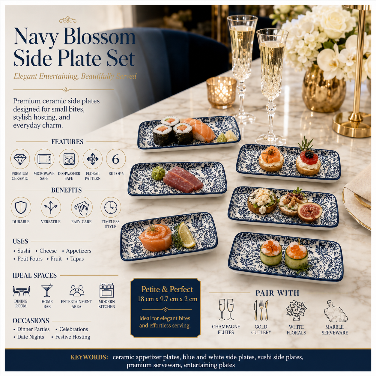 6-Piece Navy Floral Ceramic Side Plates for Luxe Hosting and Everyday Style